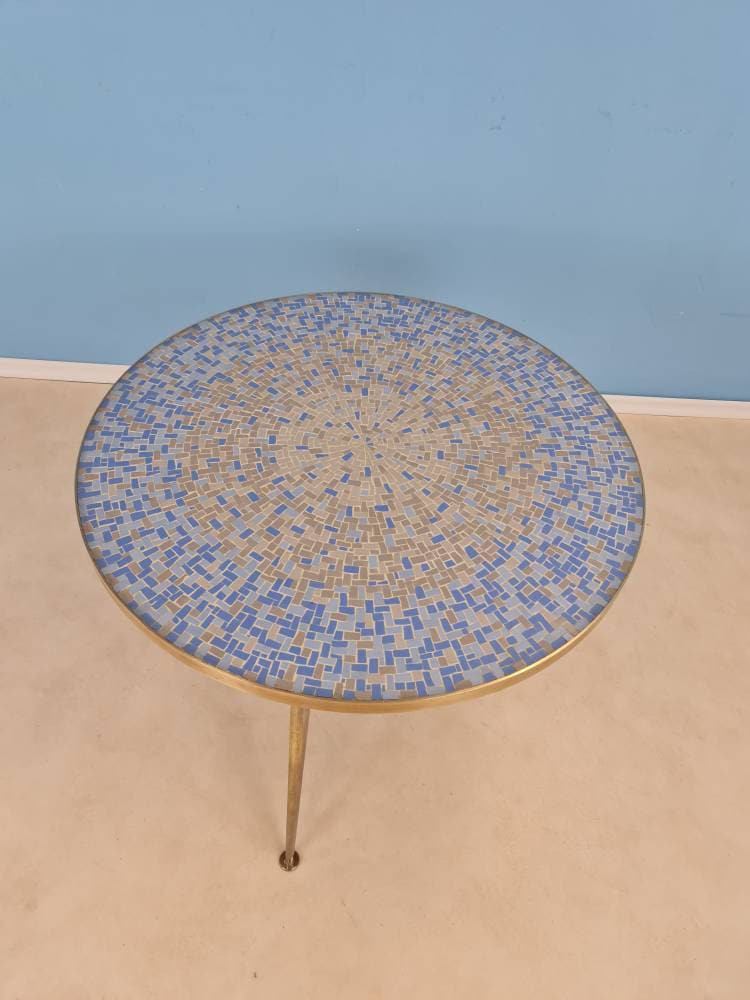 Unique Big round mosaic & solid brass couch table from the 50s by Berthold Müller