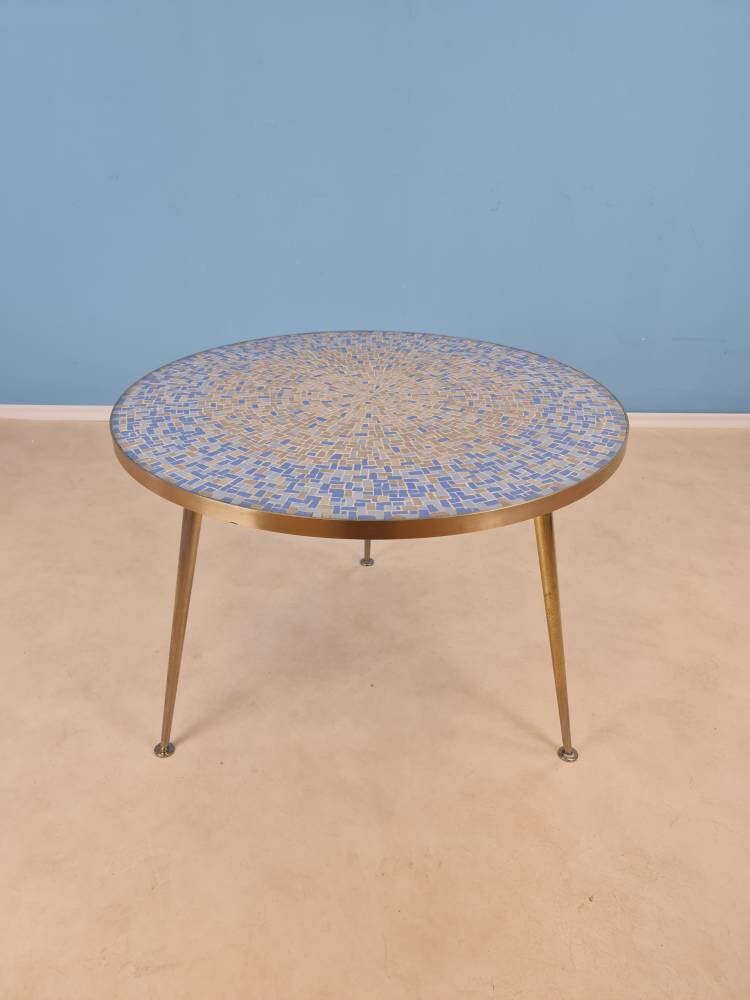 Unique Big round mosaic & solid brass couch table from the 50s by Berthold Müller