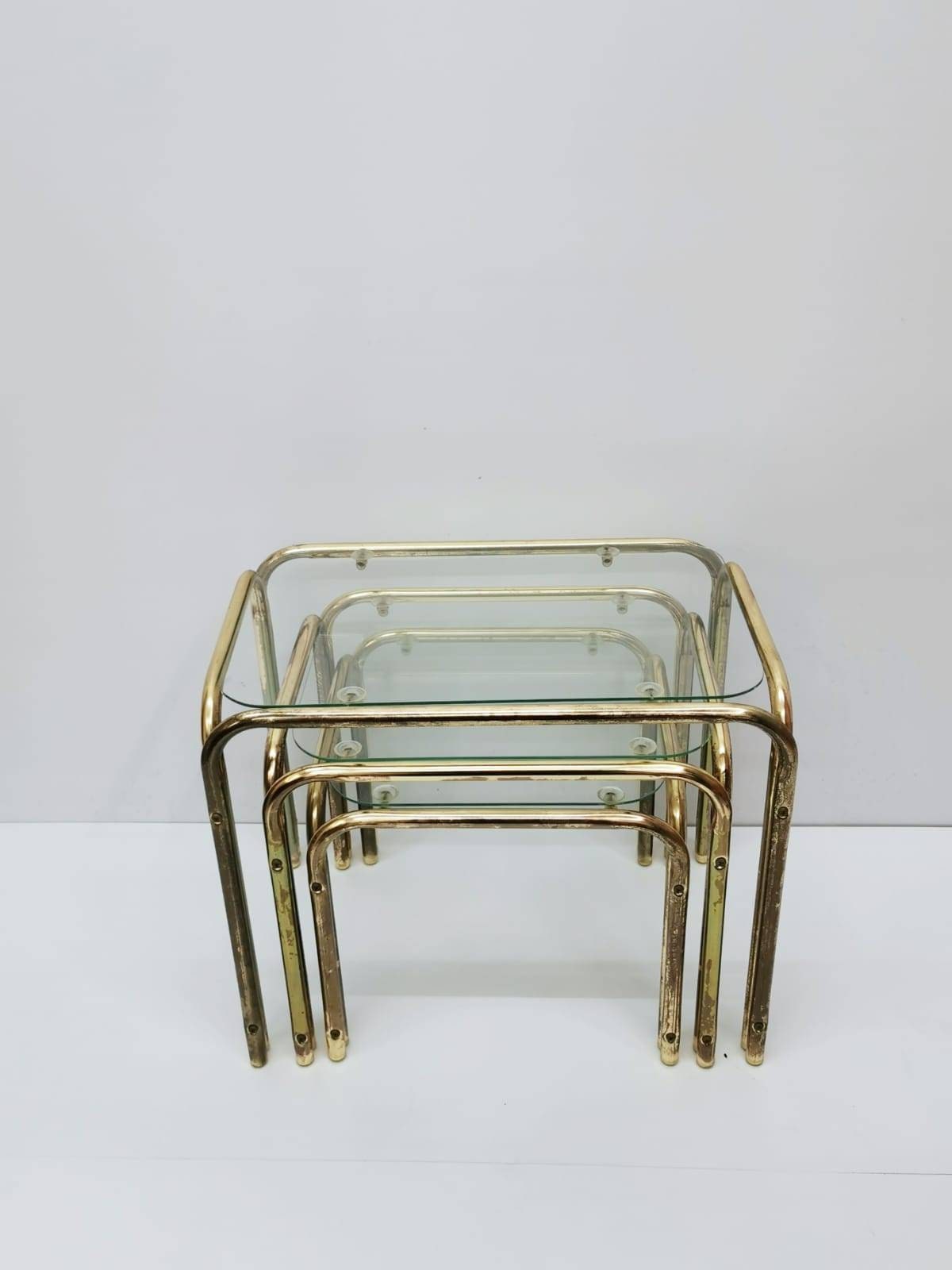 Set of 3 Mid Century Modern Gold brass And Smoked Glass Stand Table set, Living Room Organiser, or flower table 1960s