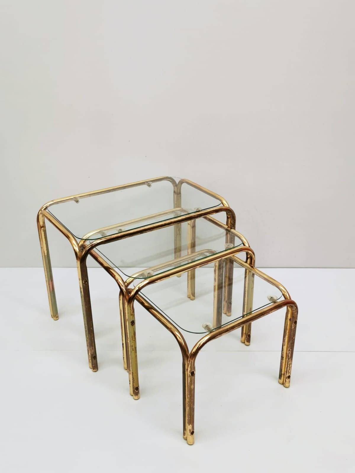 Set of 3 Mid Century Modern Gold brass And Smoked Glass Stand Table set, Living Room Organiser, or flower table 1960s