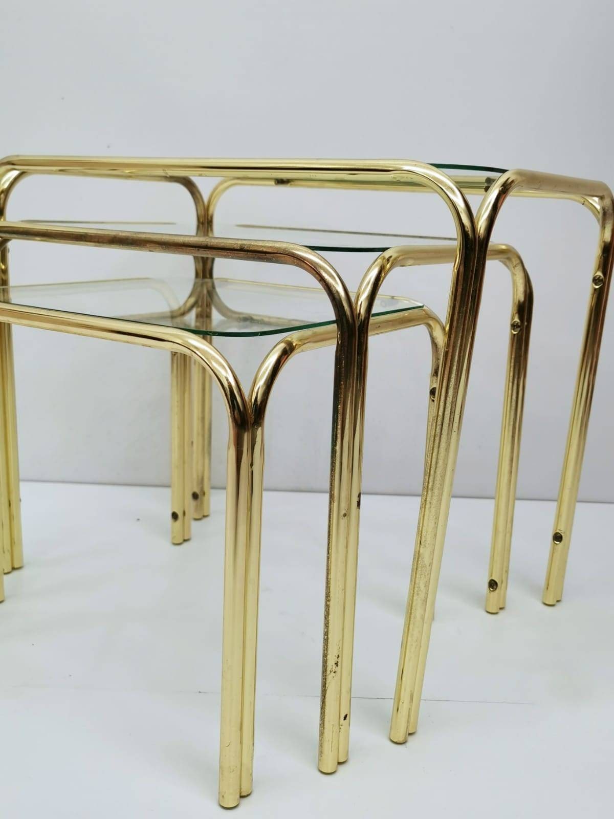 Set of 3 Mid Century Modern Gold brass And Smoked Glass Stand Table set, Living Room Organiser, or flower table 1960s
