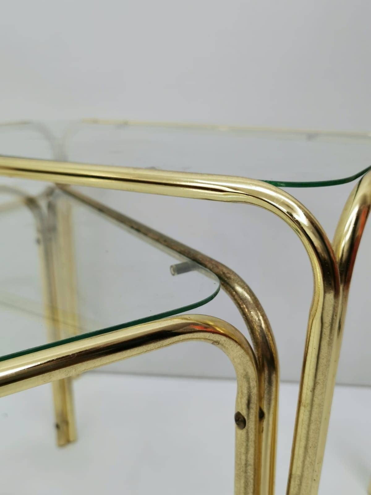 Set of 3 Mid Century Modern Gold brass And Smoked Glass Stand Table set, Living Room Organiser, or flower table 1960s
