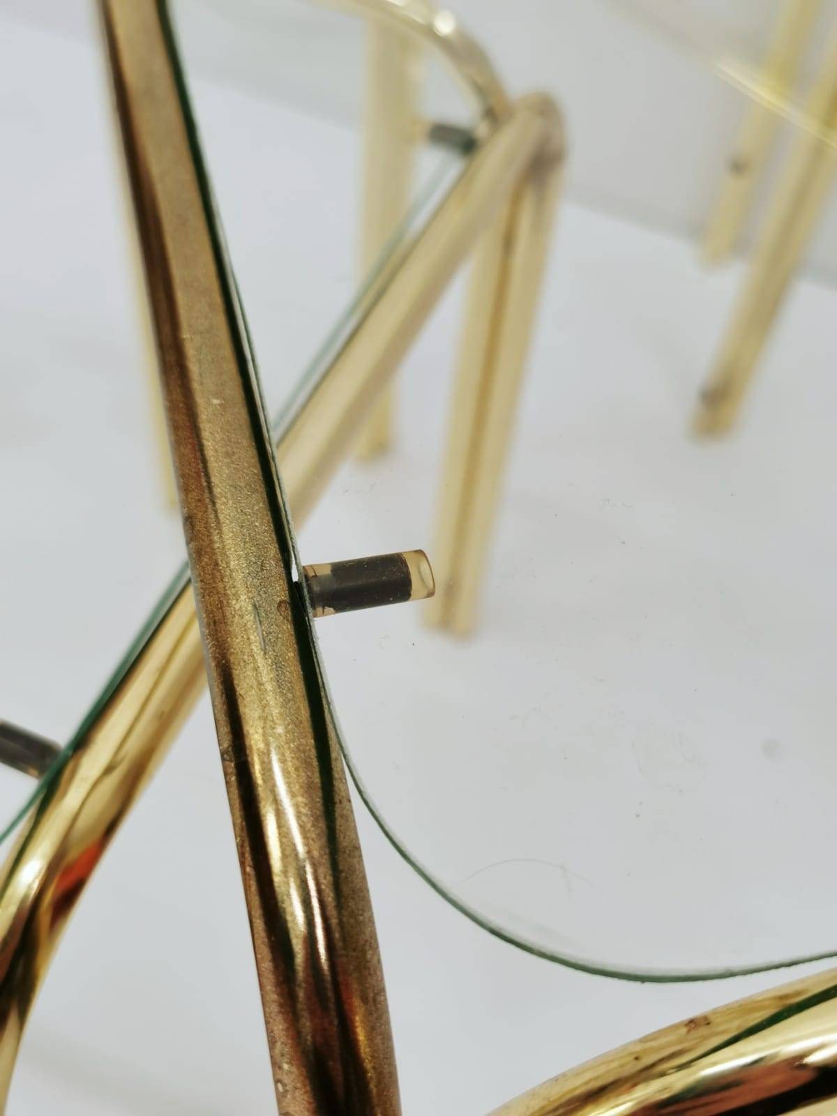 Set of 3 Mid Century Modern Gold brass And Smoked Glass Stand Table set, Living Room Organiser, or flower table 1960s