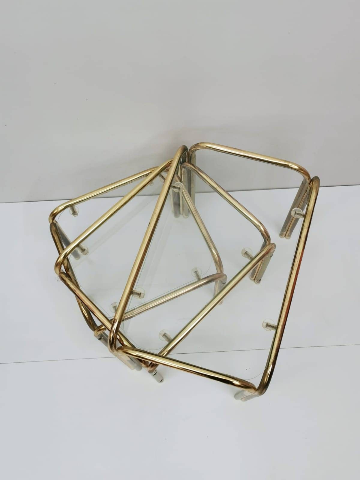 Set of 3 Mid Century Modern Gold brass And Smoked Glass Stand Table set, Living Room Organiser, or flower table 1960s