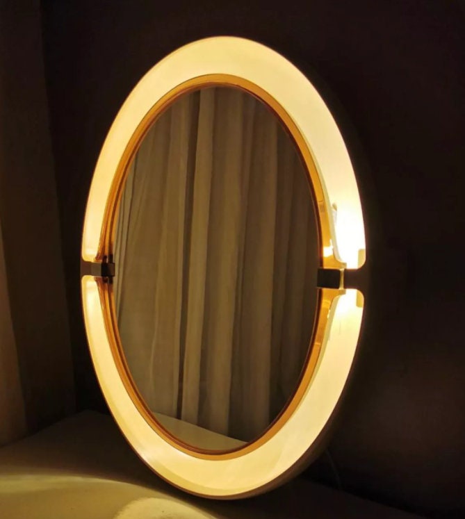 Allibert A136 vintage Mirror titiling Backlit space age design , france .1970s