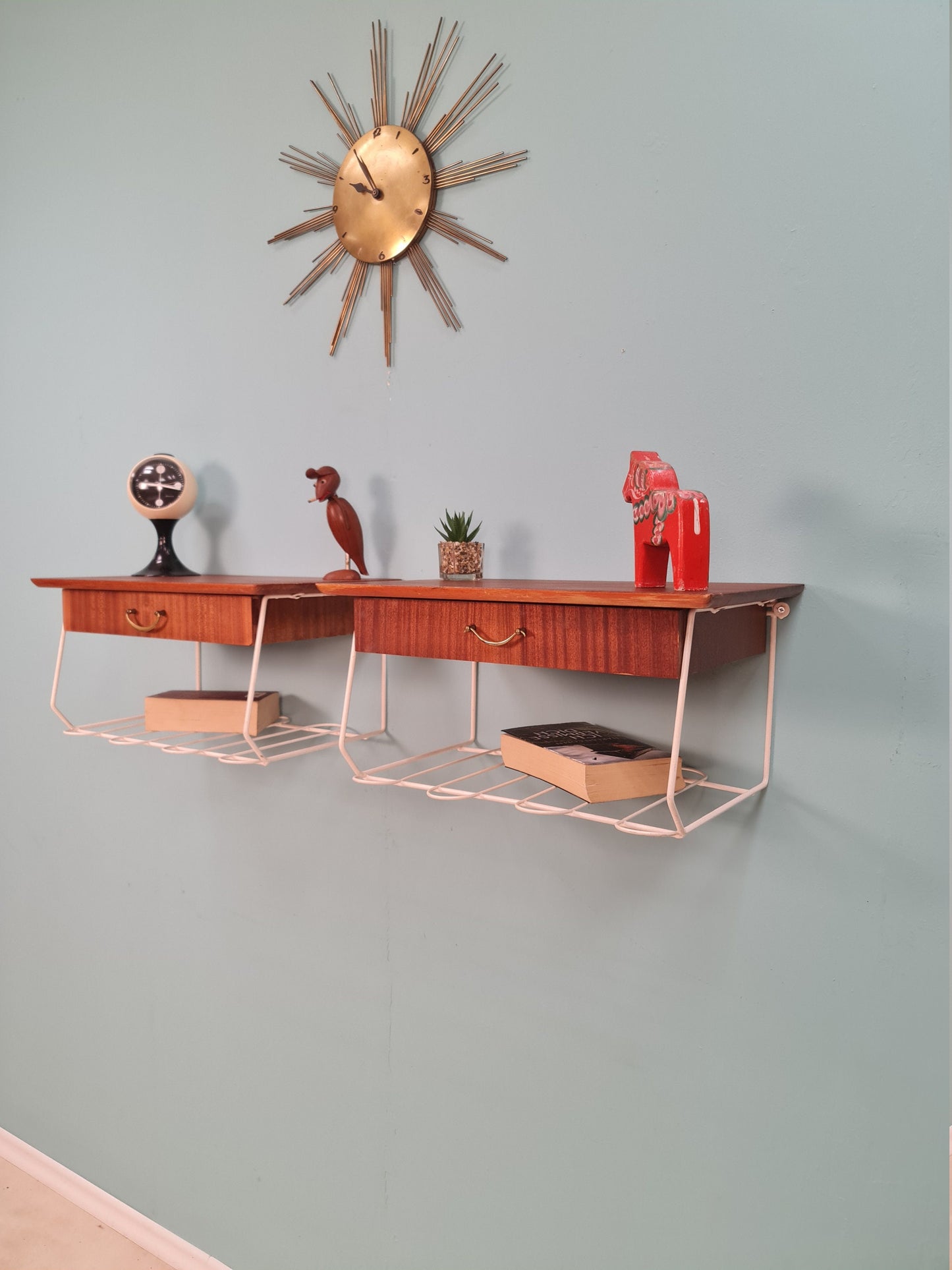 Pair Scandinavian string Mahogany hanging telephone table/ shelf/ bedside table/ nightstand from the 60s