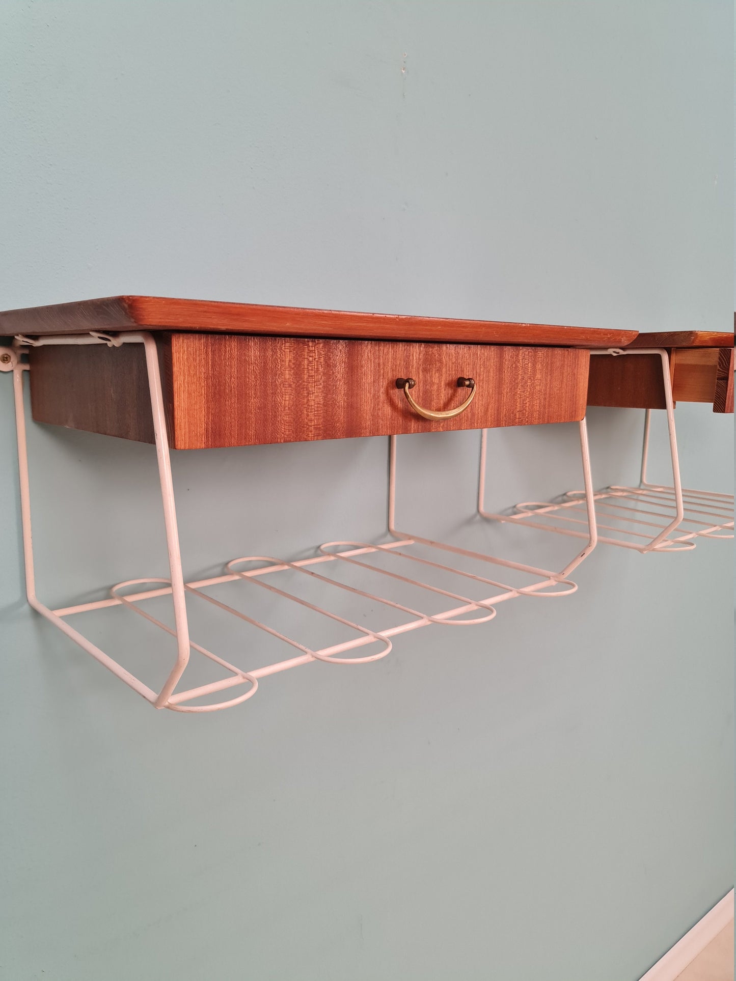 Pair Scandinavian string Mahogany hanging telephone table/ shelf/ bedside table/ nightstand from the 60s