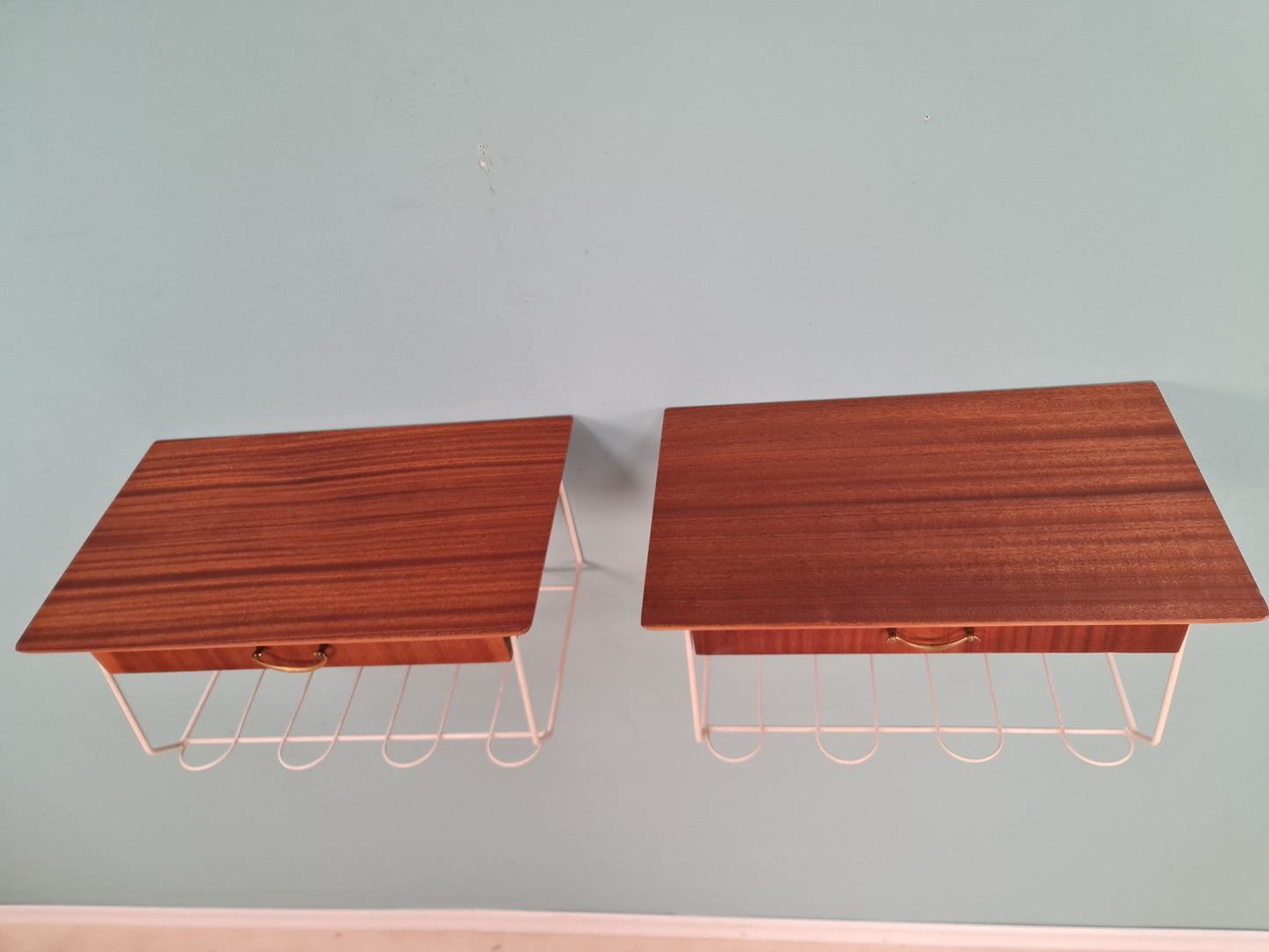 Pair Scandinavian string Mahogany hanging telephone table/ shelf/ bedside table/ nightstand from the 60s