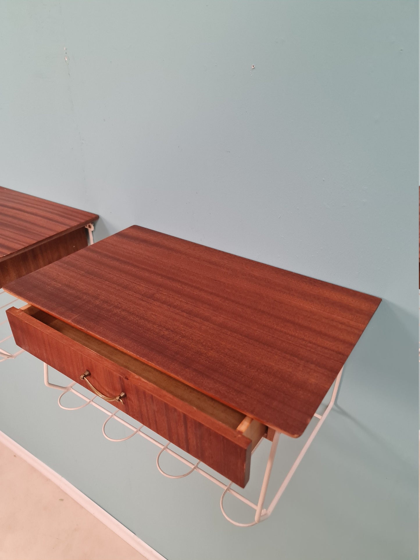 Pair Scandinavian string Mahogany hanging telephone table/ shelf/ bedside table/ nightstand from the 60s