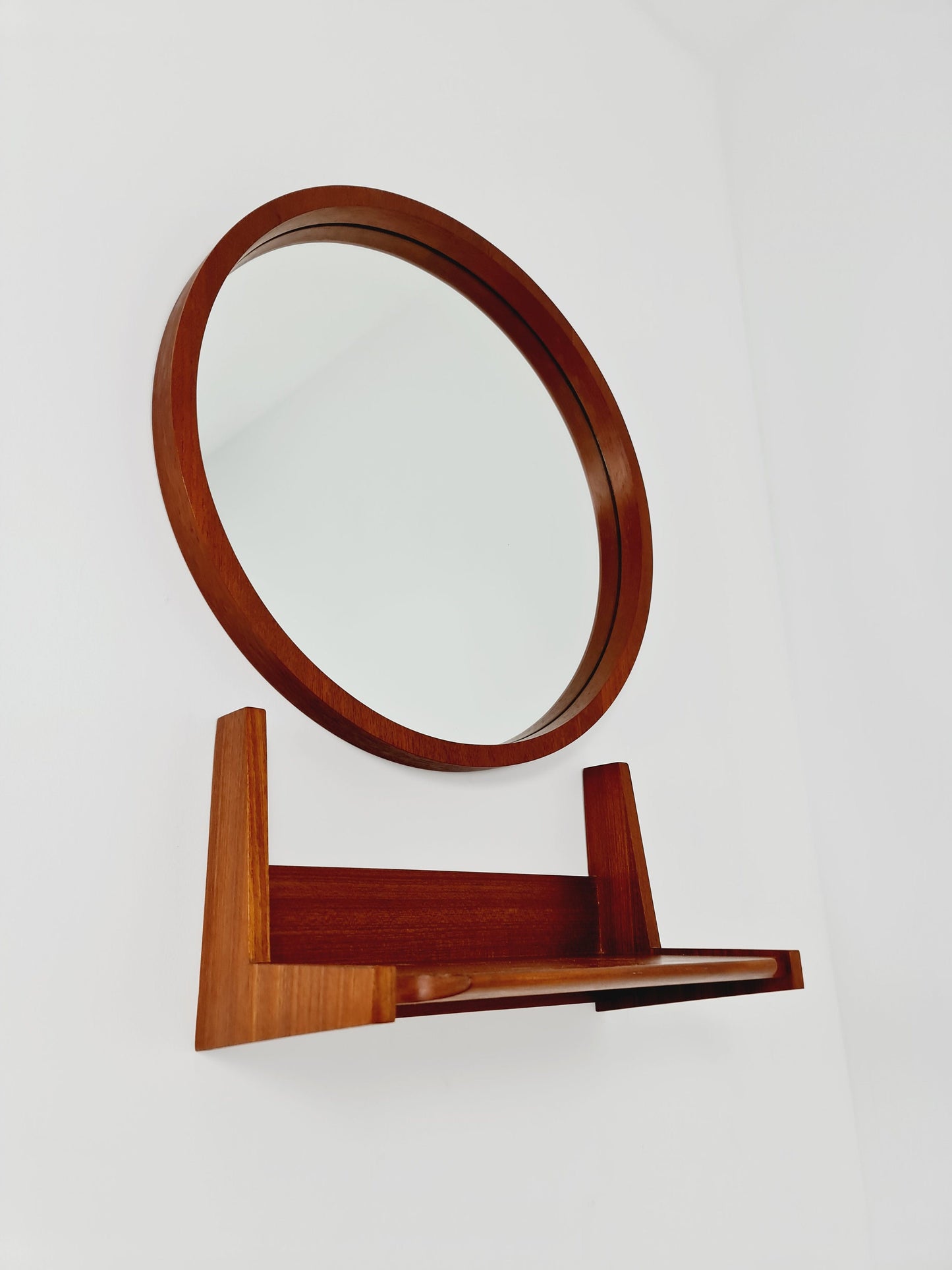 Mid Century teak German teak Mirror with teak shelf By Münchner Zier, 60s