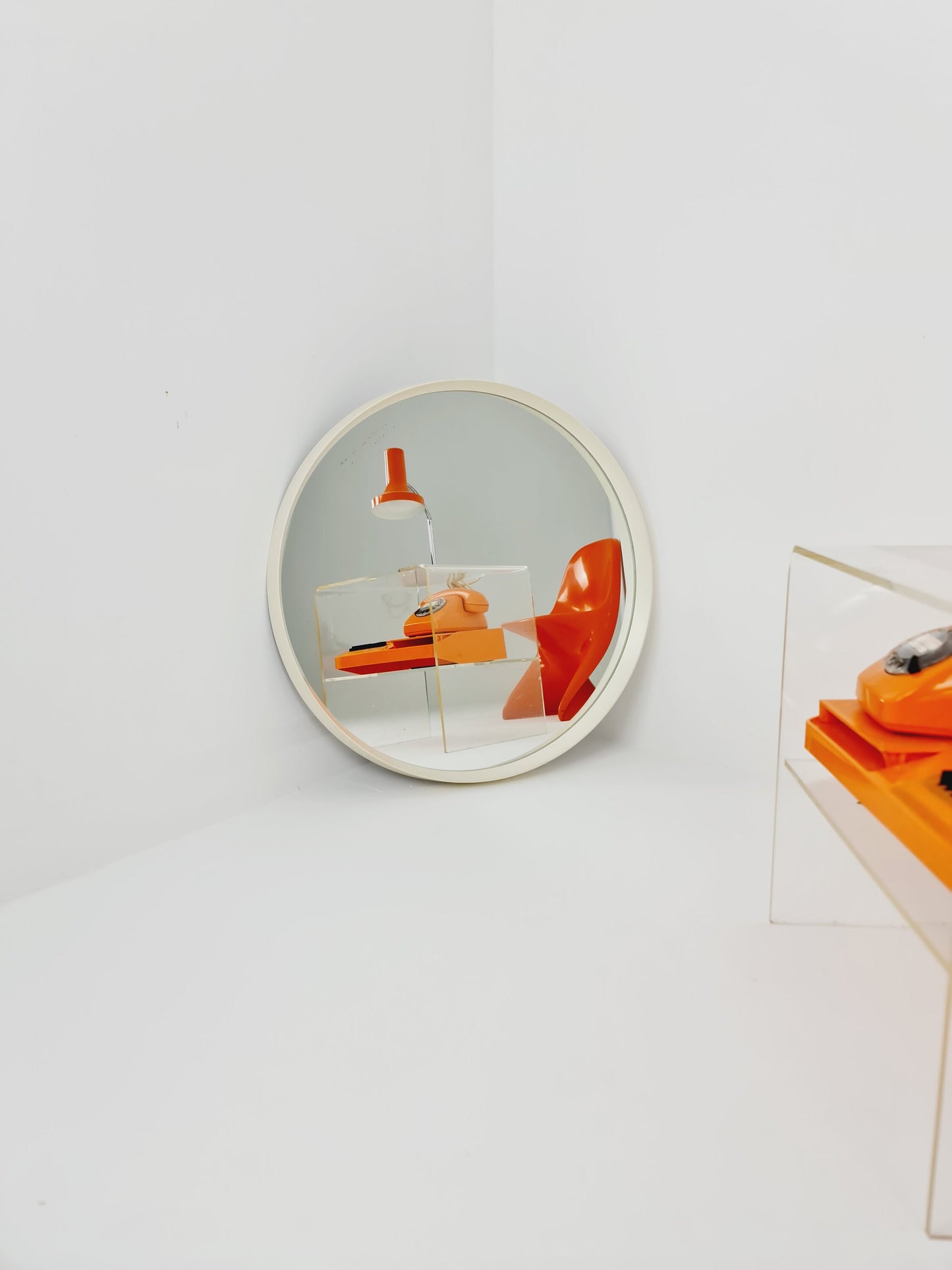 Round space age retro plastic white mirror By Schönbuch, 1970s