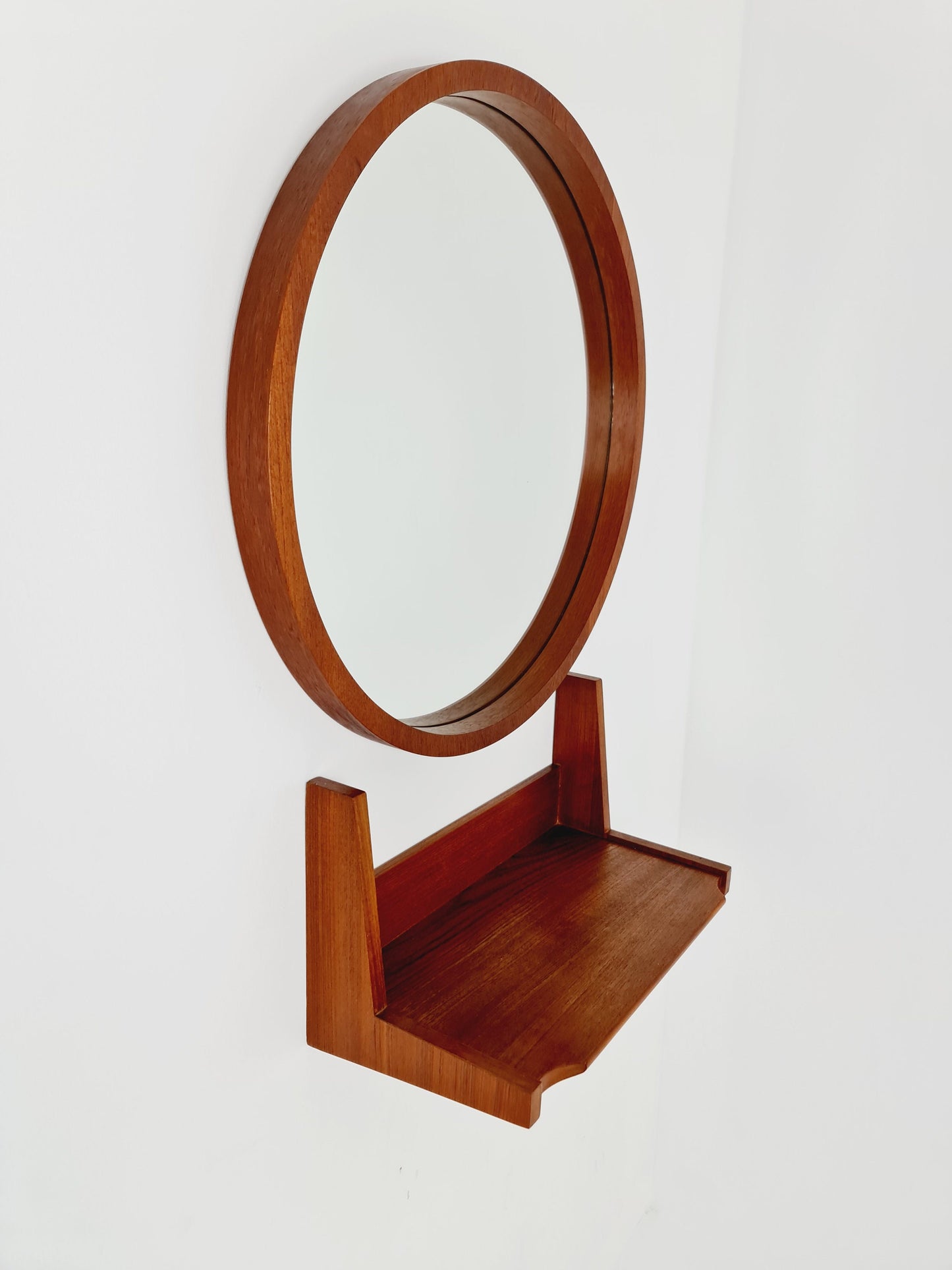 Mid Century teak German teak Mirror with teak shelf By Münchner Zier, 60s