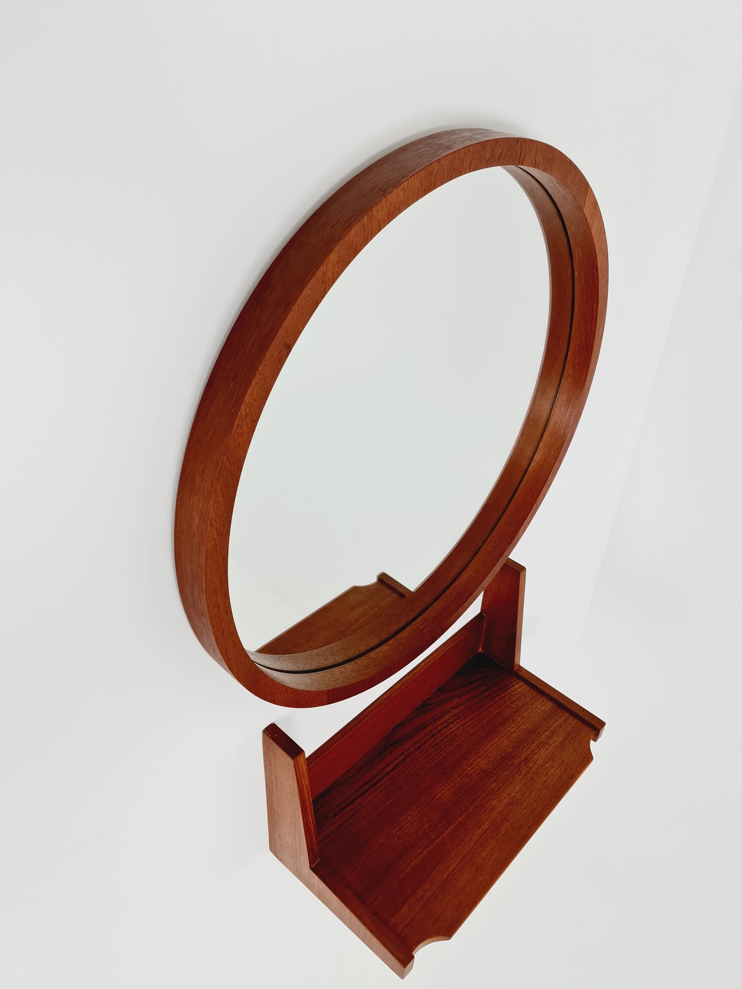 Mid Century teak German teak Mirror with teak shelf By Münchner Zier, 60s