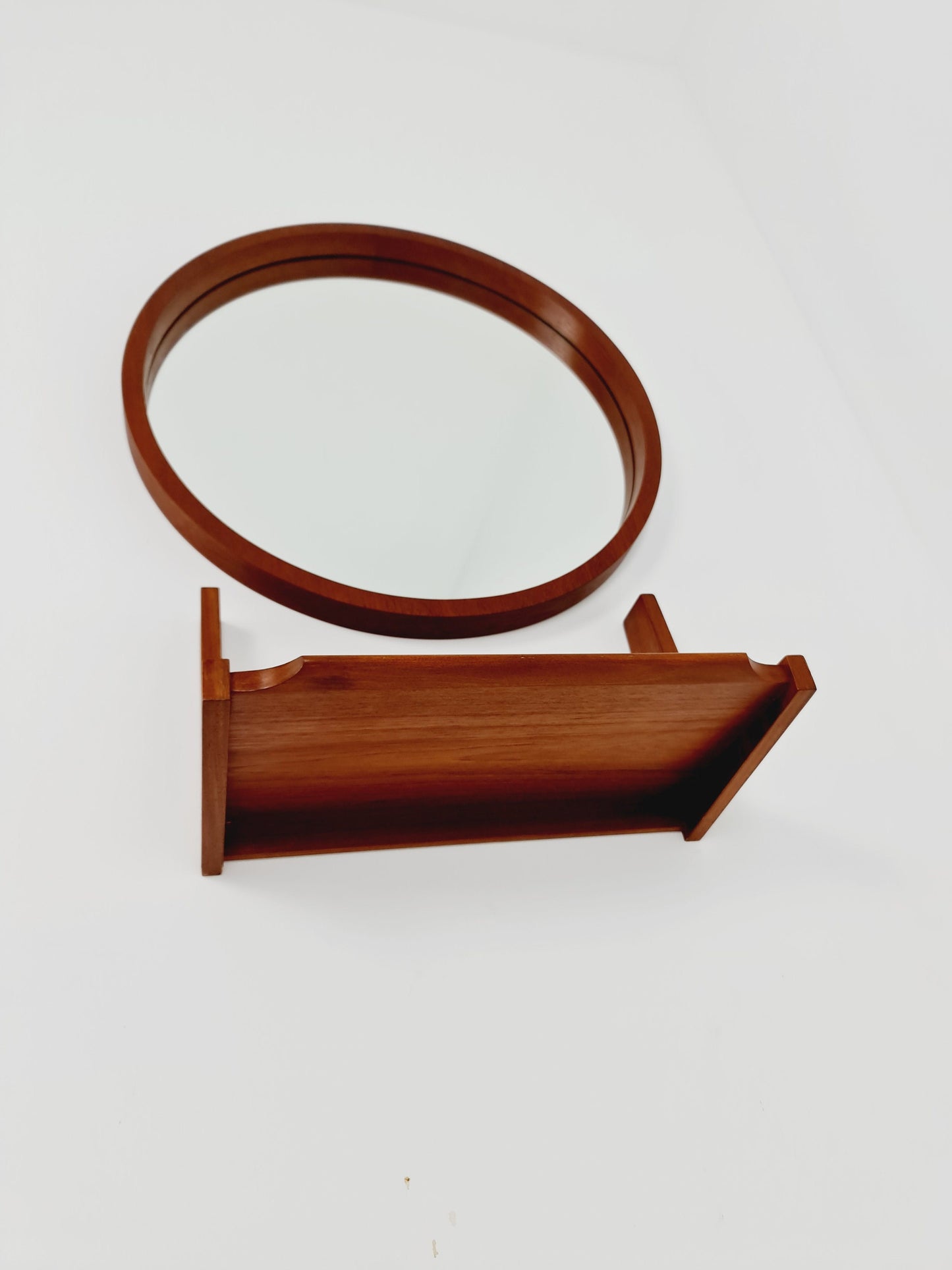 Mid Century teak German teak Mirror with teak shelf By Münchner Zier, 60s