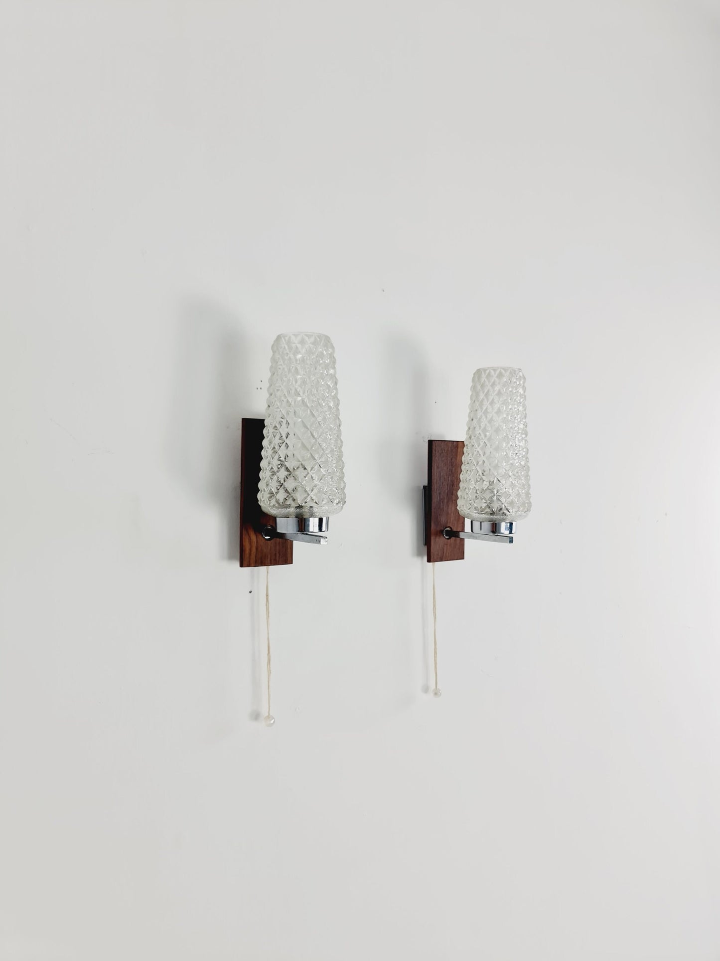 Pair Mid century Danish glas & teak wall lamps, bedside lamps, 1960s