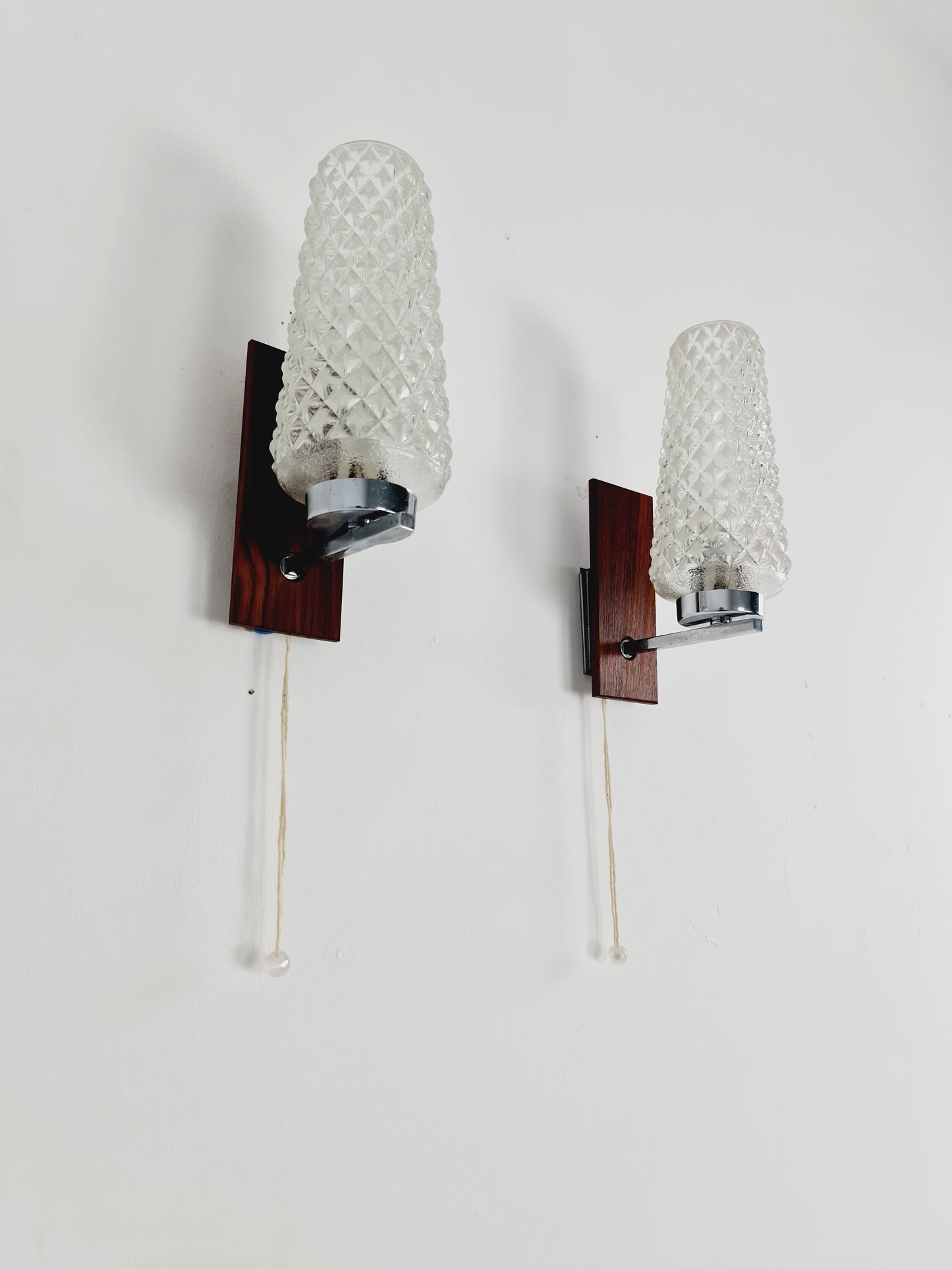 Pair Mid century Danish glas & teak wall lamps, bedside lamps, 1960s