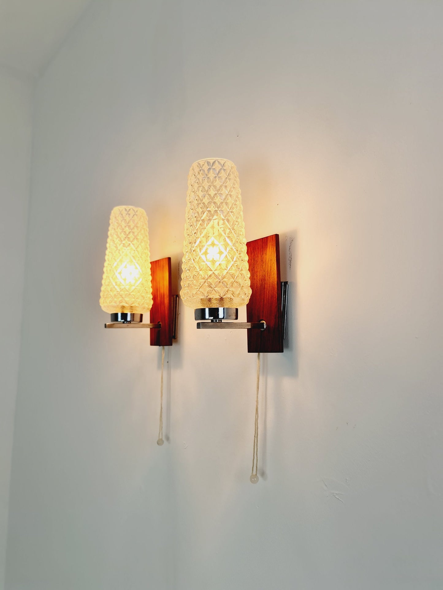 Pair Mid century Danish glas & teak wall lamps, bedside lamps, 1960s