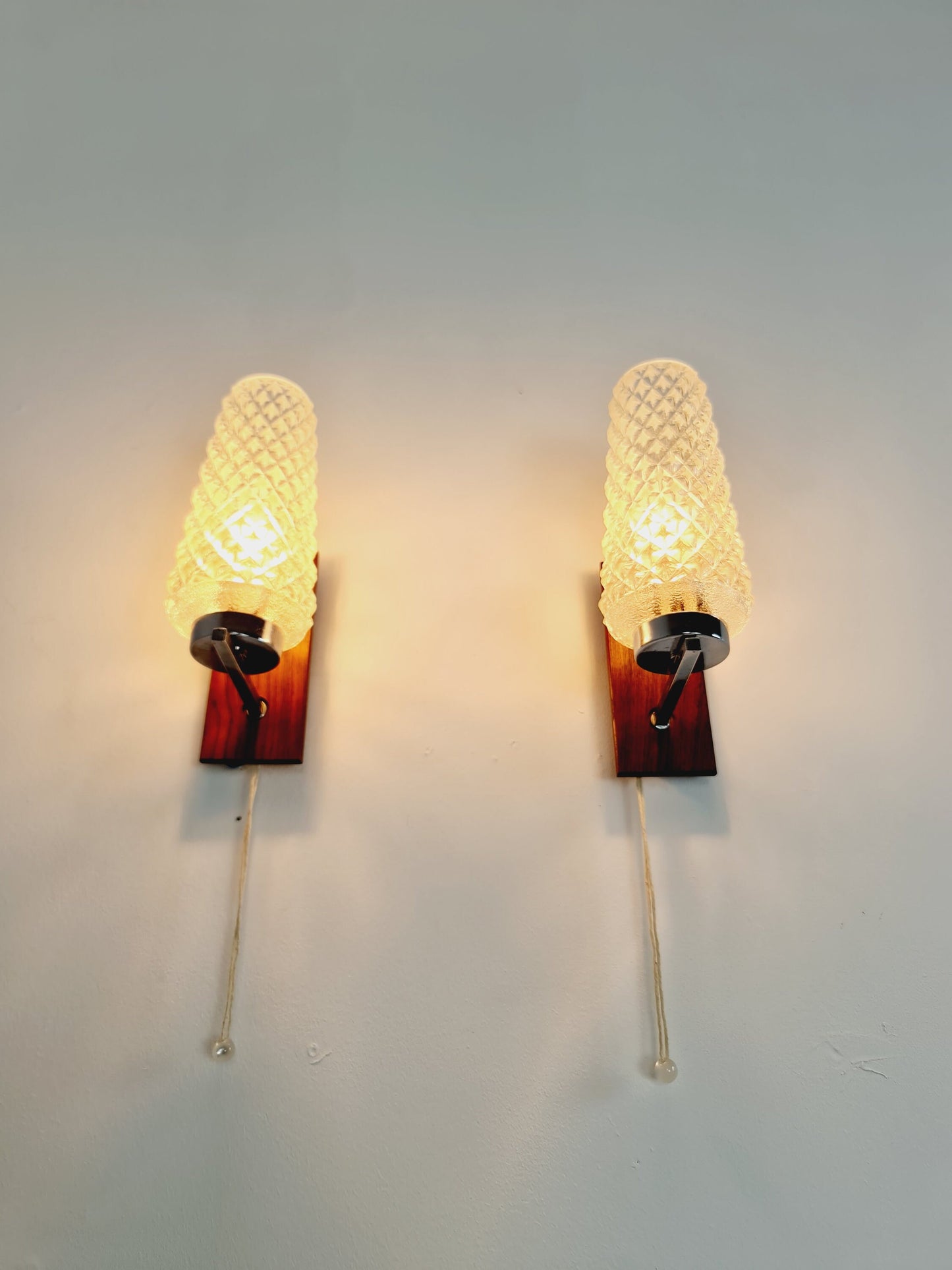 Pair Mid century Danish glas & teak wall lamps, bedside lamps, 1960s