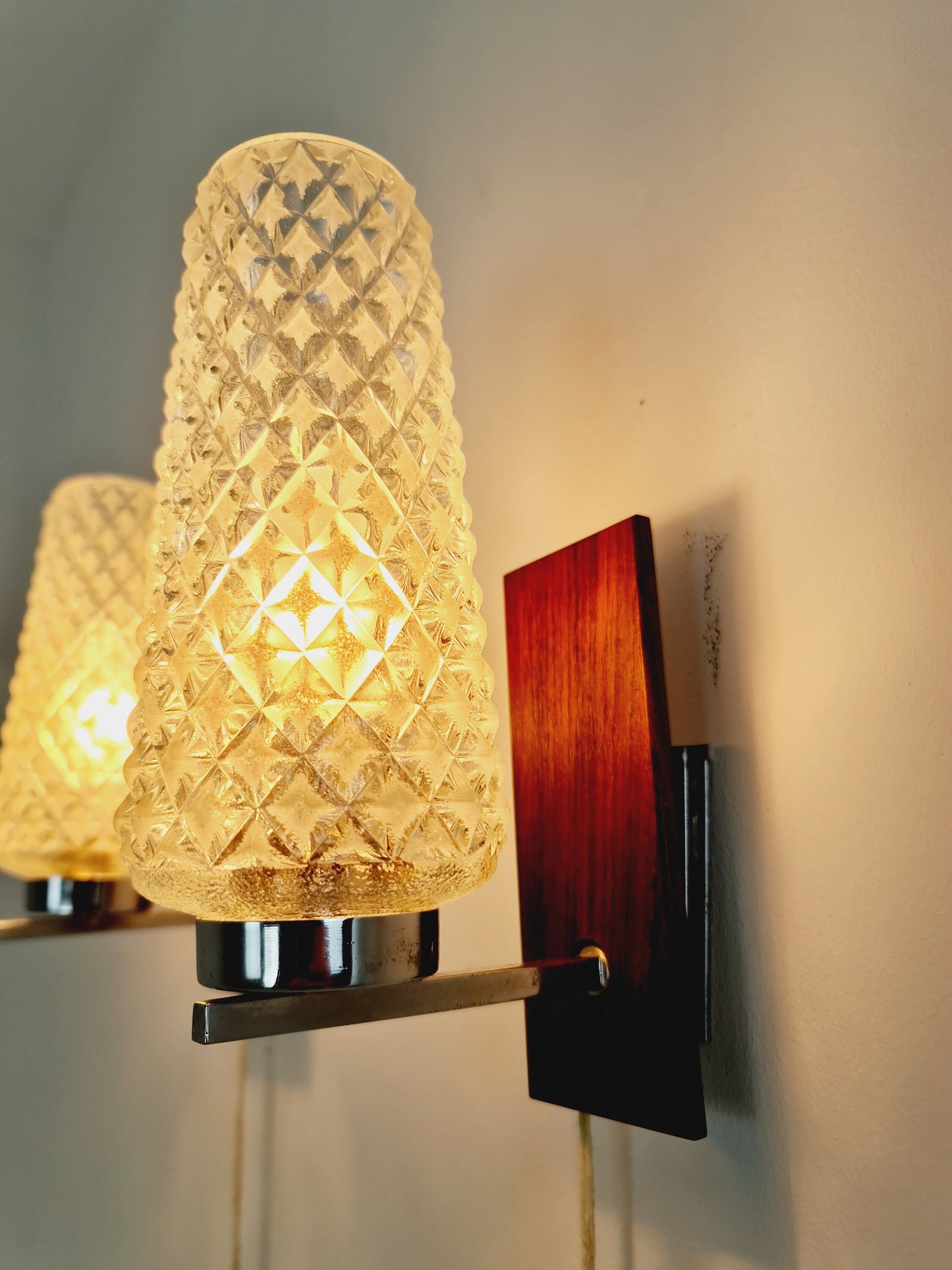 Pair Mid century Danish glas & teak wall lamps, bedside lamps, 1960s