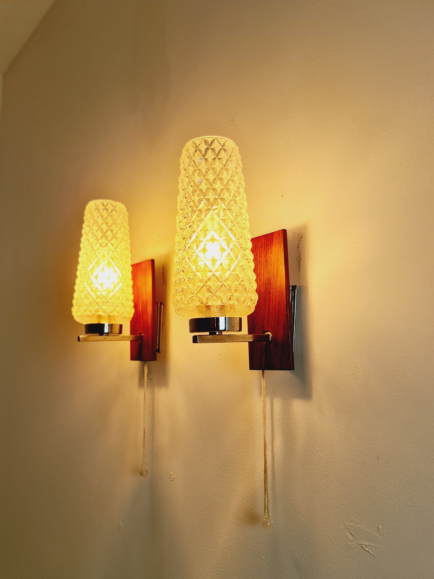 Pair Mid century Danish glas & teak wall lamps, bedside lamps, 1960s