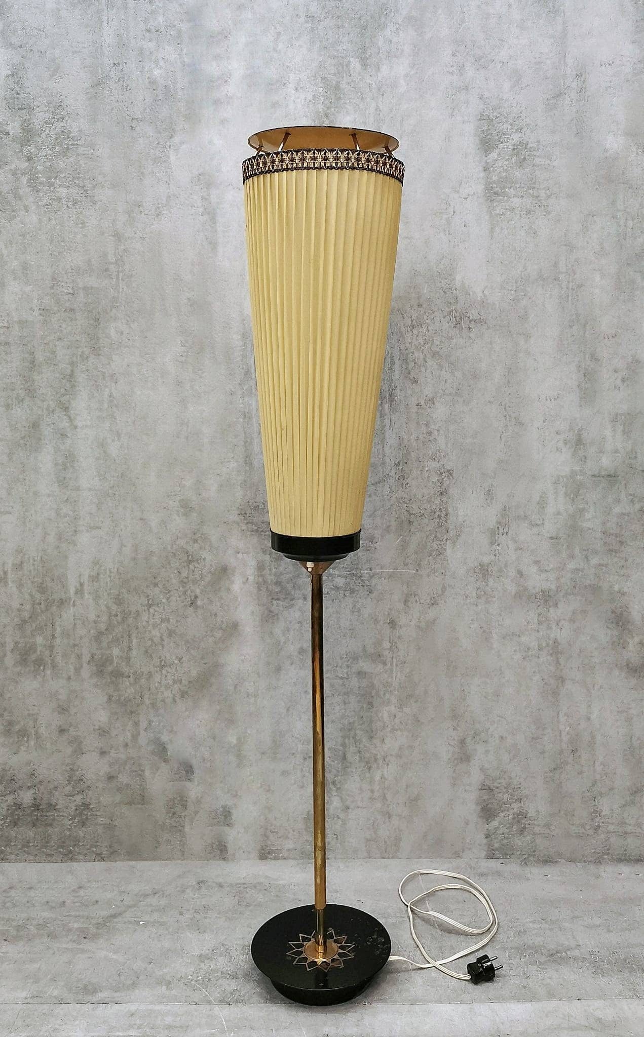 Mid-Century Modern Brass and Illustrated Fabric Floor Lamp, 1950s, Germany