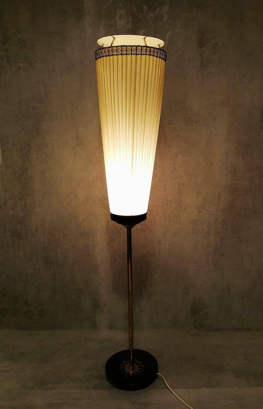 Mid-Century Modern Brass and Illustrated Fabric Floor Lamp, 1950s, Germany