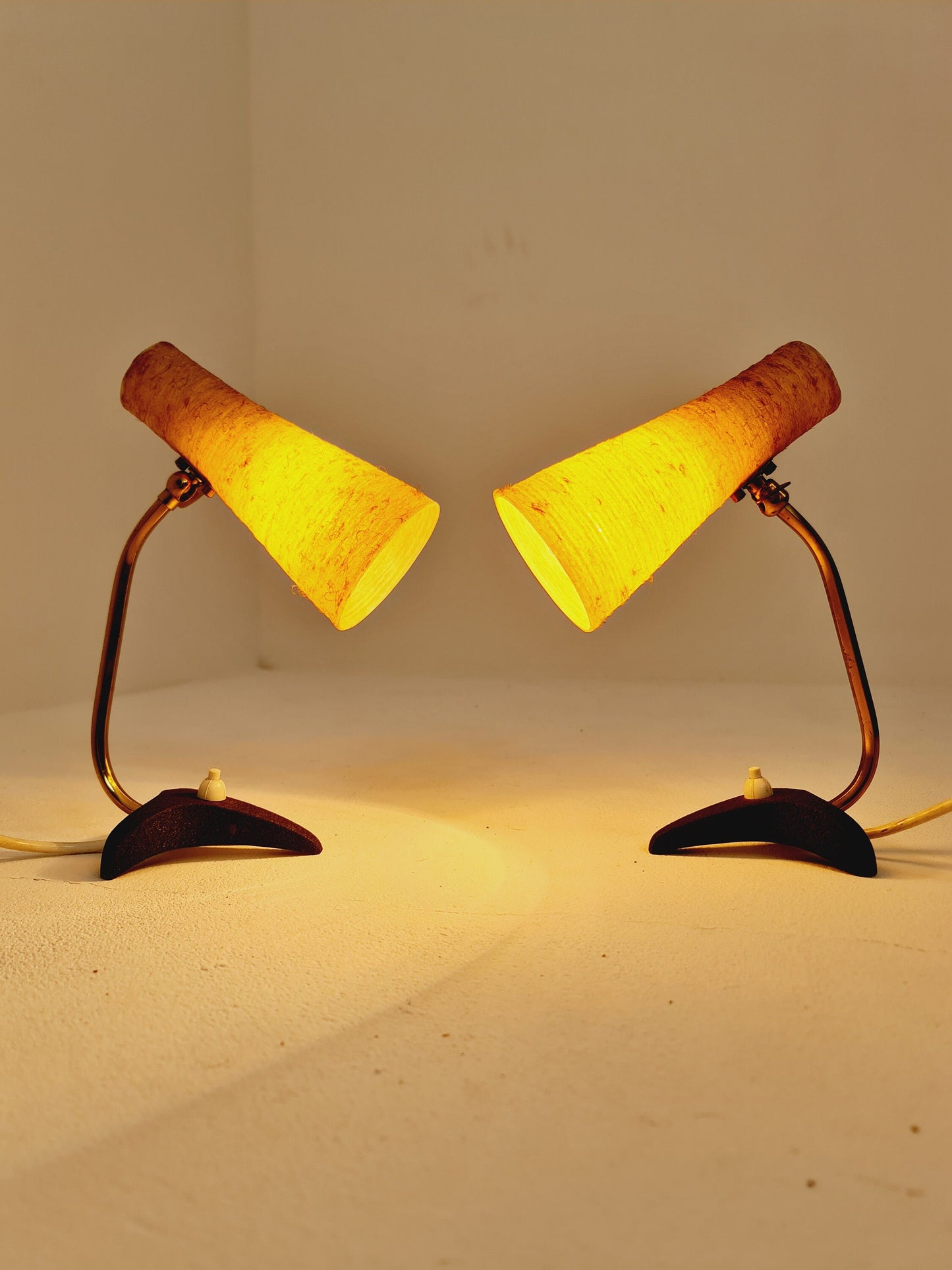 Pair of German vintage / bedside lamps, brass and glass fiber, by Cosack 1950s