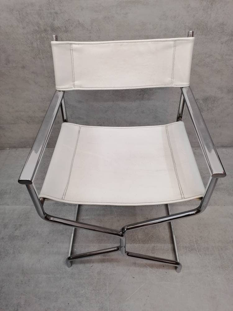 Mid-Century Modern Arrben director's chair in chrome and white leather 1980s