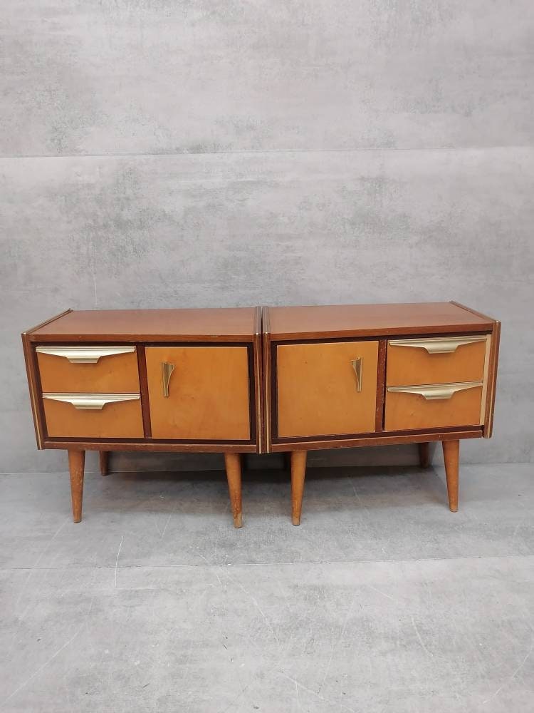 A set of Mid-Century Modern vintage maple wood bedside tables or small chests of drawers designed and manufactured in Italy, Rome, 1960s