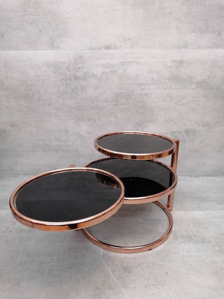Mid-century rose gold and black glass 3-tier swivel coffee table by Milo Baughman bauhaus