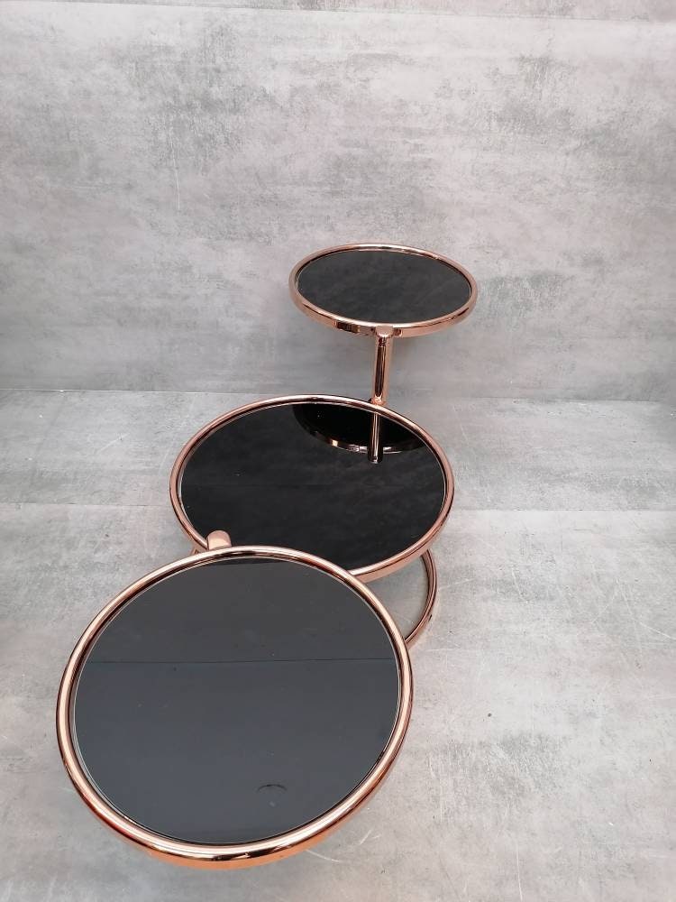 Mid-century rose gold and black glass 3-tier swivel coffee table by Milo Baughman bauhaus