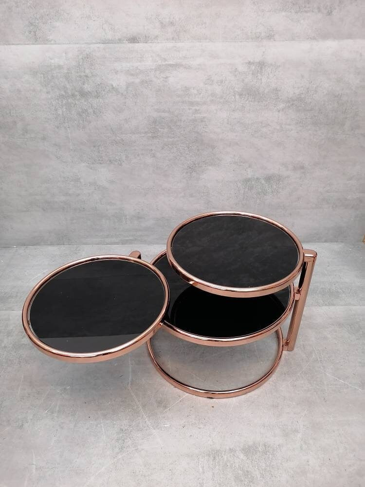 Mid-century rose gold and black glass 3-tier swivel coffee table by Milo Baughman bauhaus