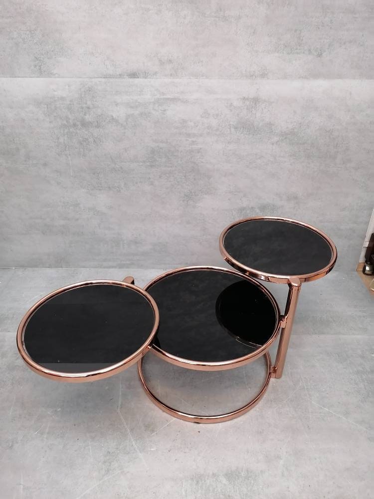 Mid-century rose gold and black glass 3-tier swivel coffee table by Milo Baughman bauhaus