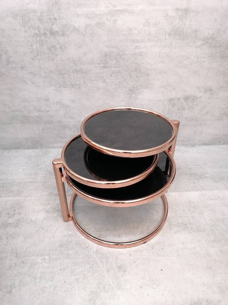 Mid-century rose gold and black glass 3-tier swivel coffee table by Milo Baughman bauhaus