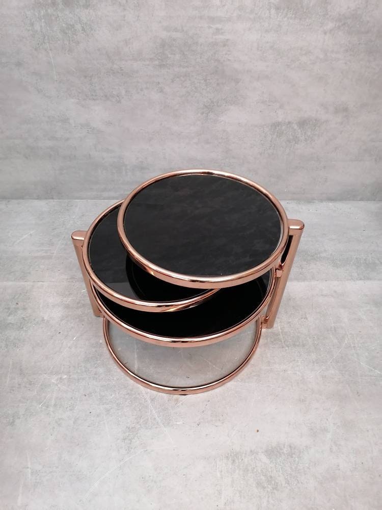 Mid-century rose gold and black glass 3-tier swivel coffee table by Milo Baughman bauhaus