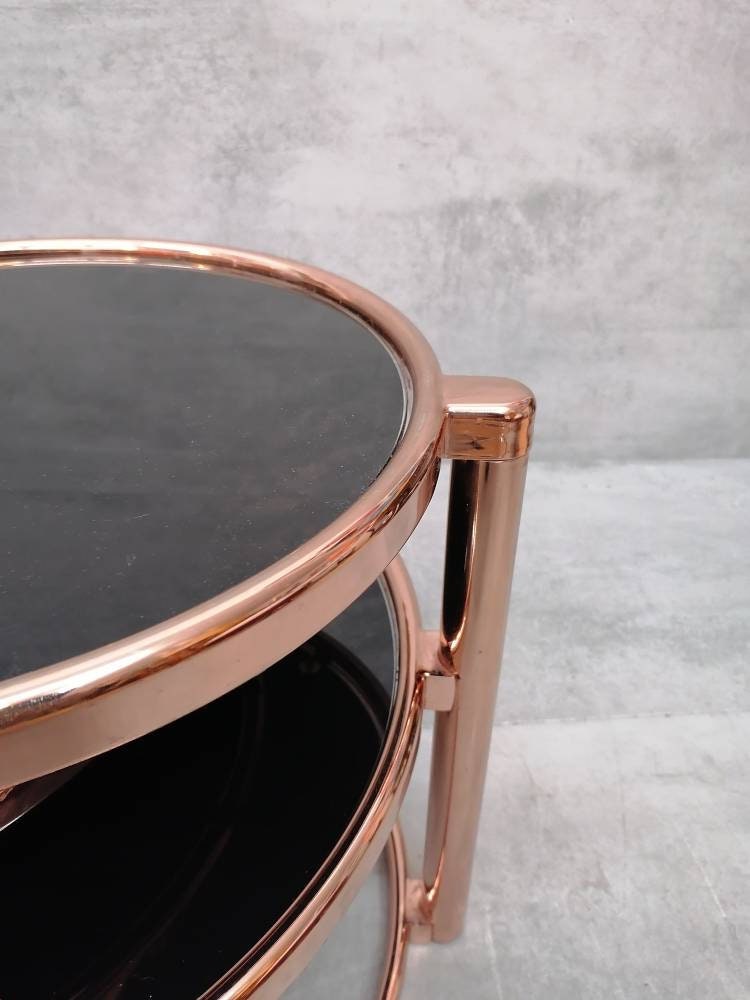 Mid-century rose gold and black glass 3-tier swivel coffee table by Milo Baughman bauhaus