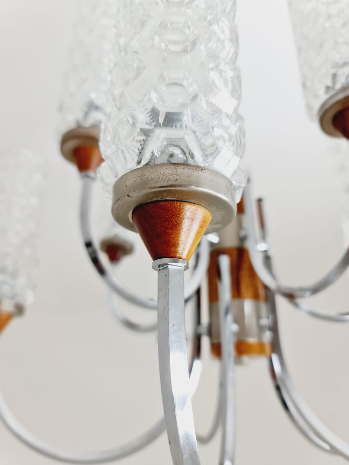 Rare Vintage Scandinavian chrome, teak & crystal pendant lamp, 1960s