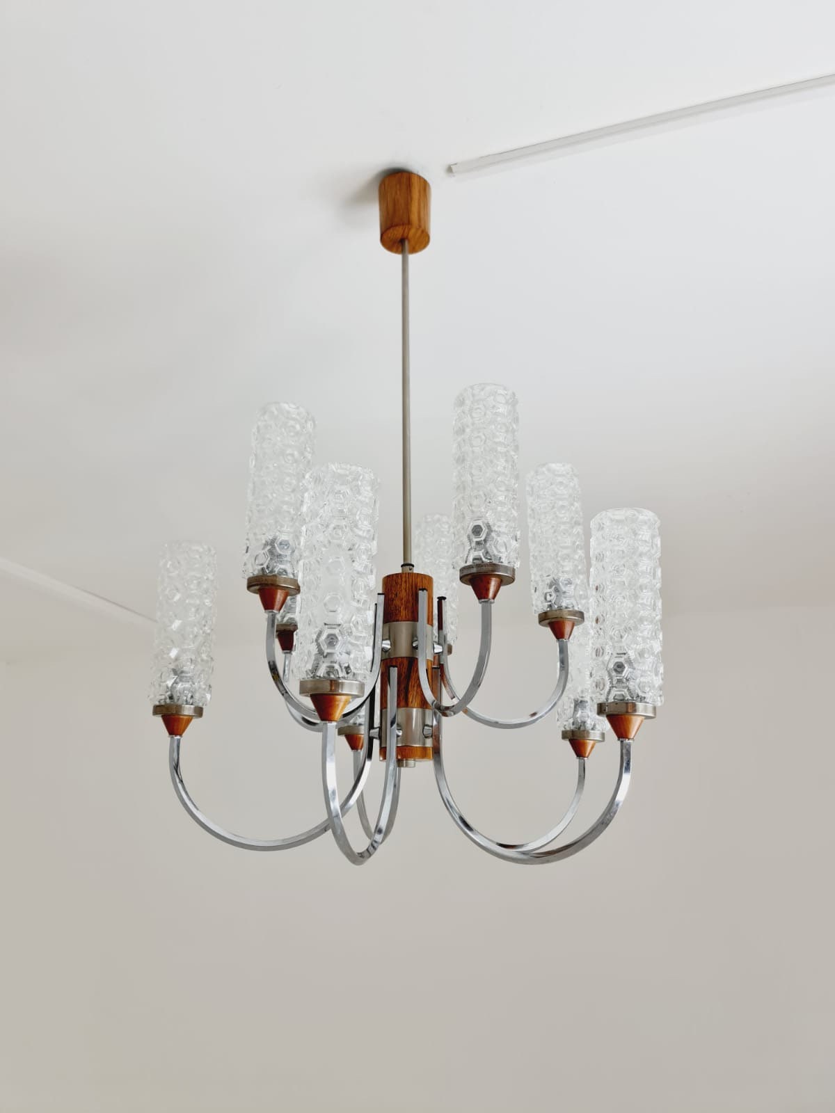 Rare Vintage Scandinavian chrome, teak & crystal pendant lamp, 1960s