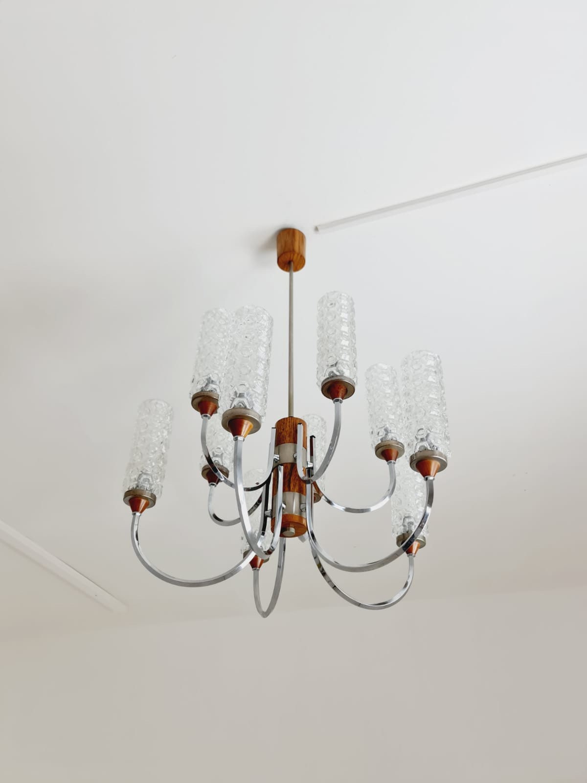 Rare Vintage Scandinavian chrome, teak & crystal pendant lamp, 1960s