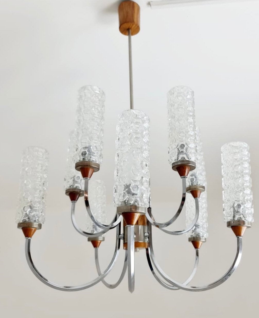 Rare Vintage Scandinavian chrome, teak & crystal pendant lamp, 1960s