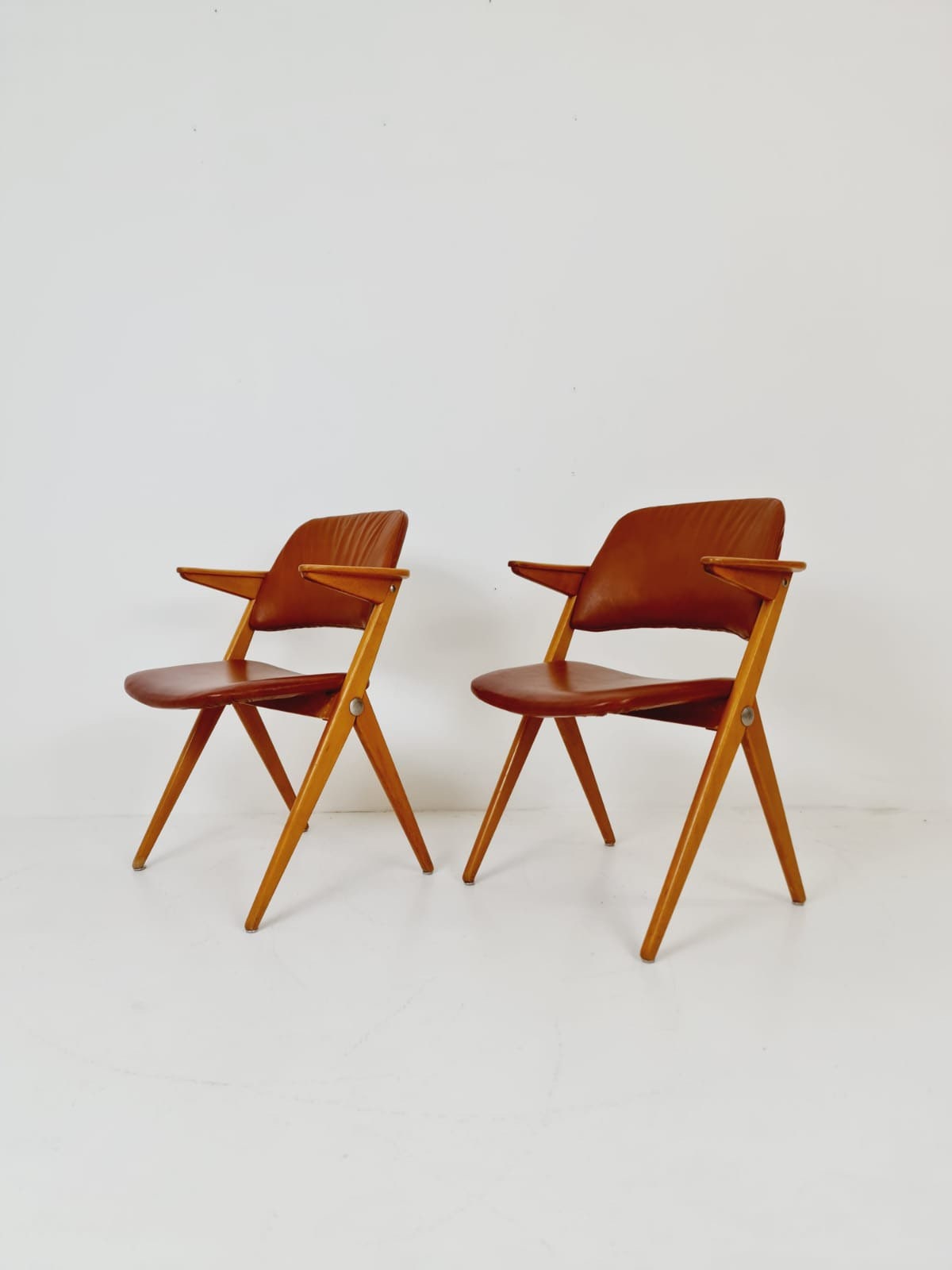 Swedish Midcentury beech & leather armchair Triva by Bengt Ruda for Nordiska Kompaniet, 1960s, set of 2