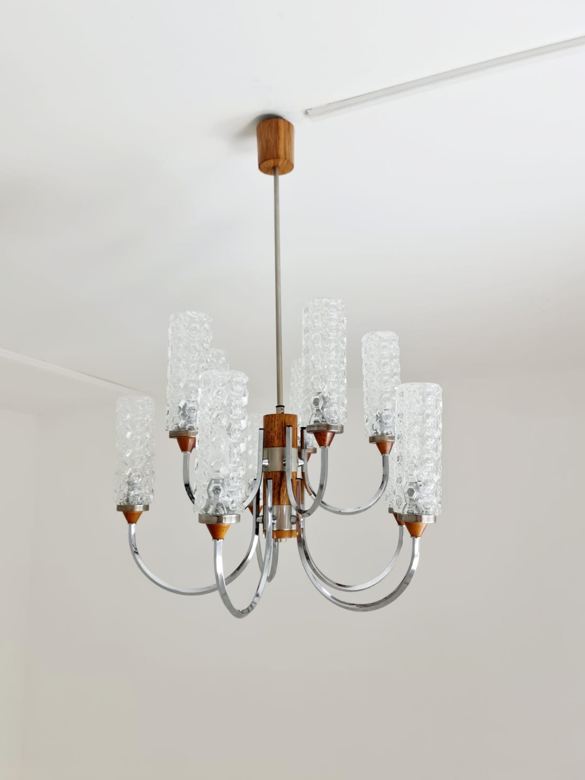 Rare Vintage Scandinavian chrome, teak & crystal pendant lamp, 1960s