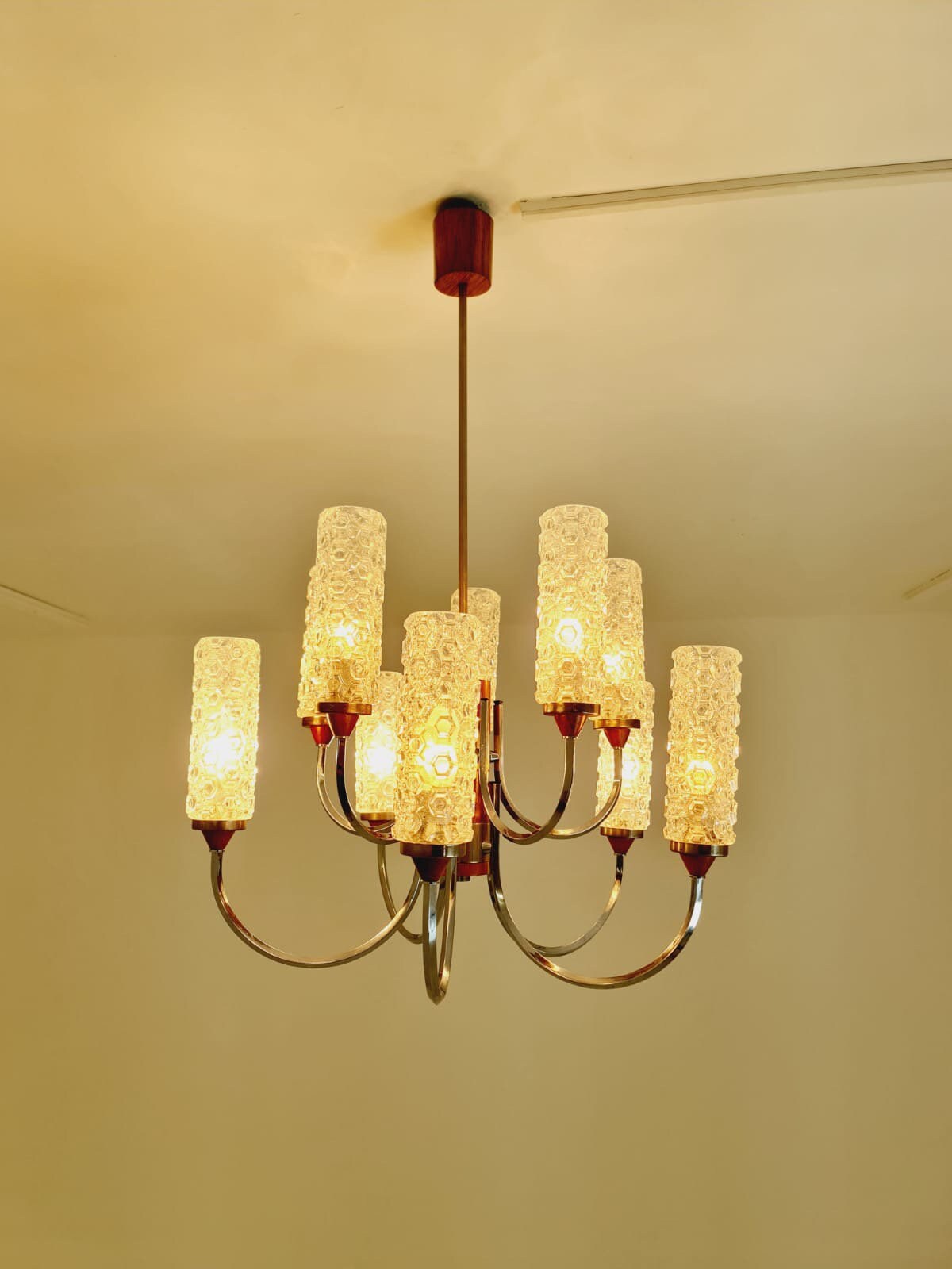 Rare Vintage Scandinavian chrome, teak & crystal pendant lamp, 1960s