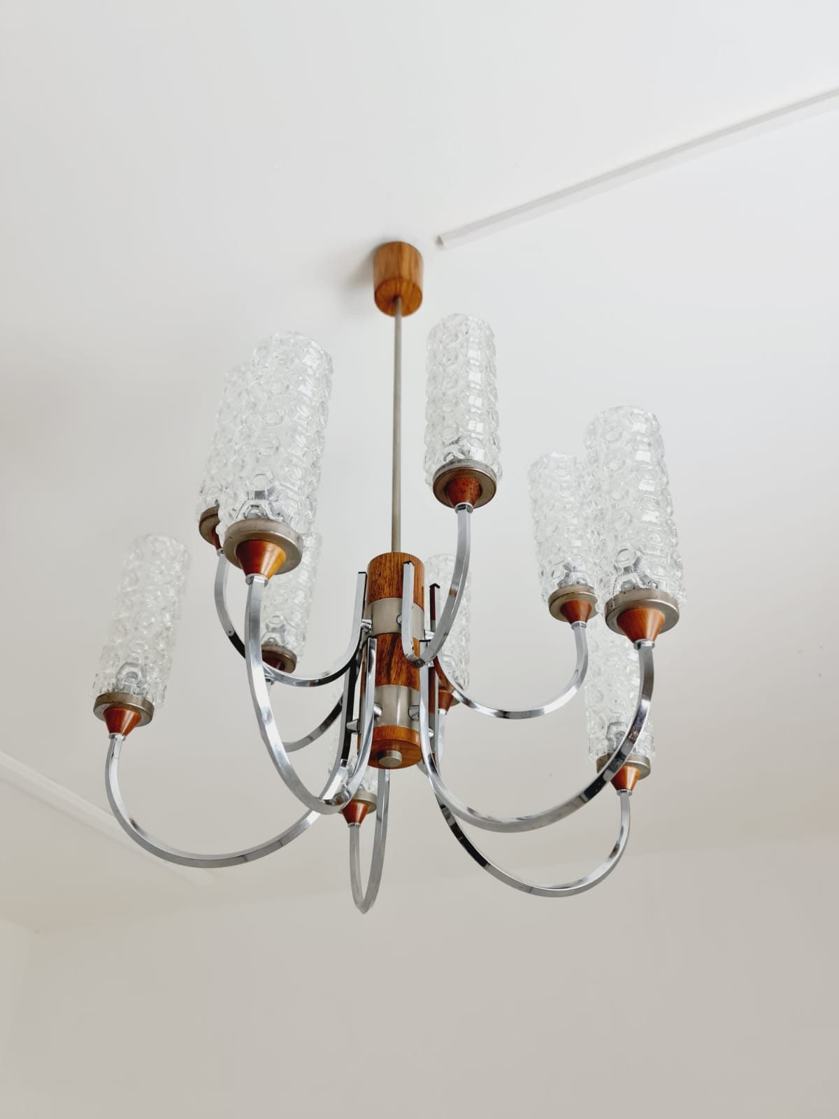Rare Vintage Scandinavian chrome, teak & crystal pendant lamp, 1960s