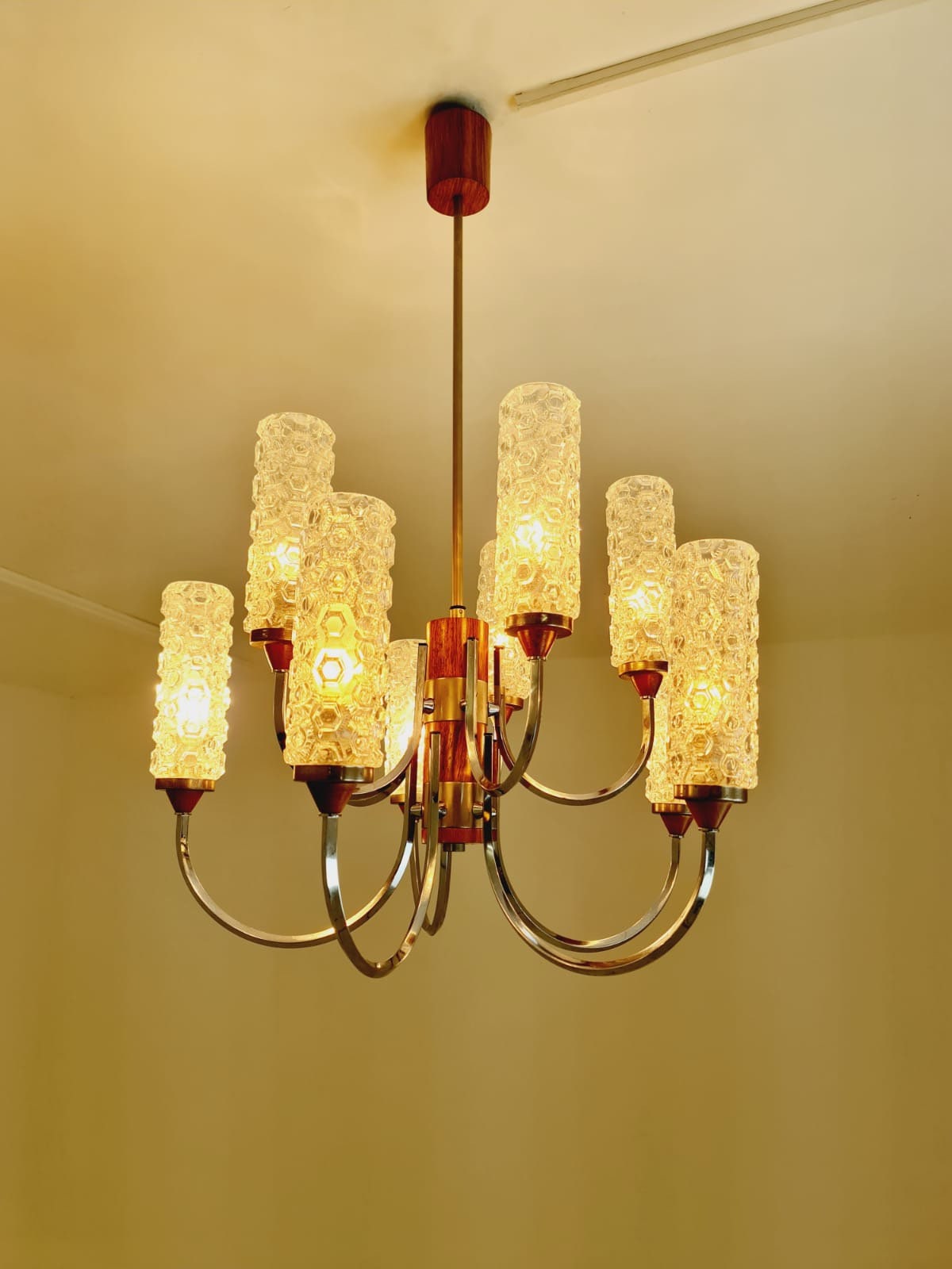 Rare Vintage Scandinavian chrome, teak & crystal pendant lamp, 1960s