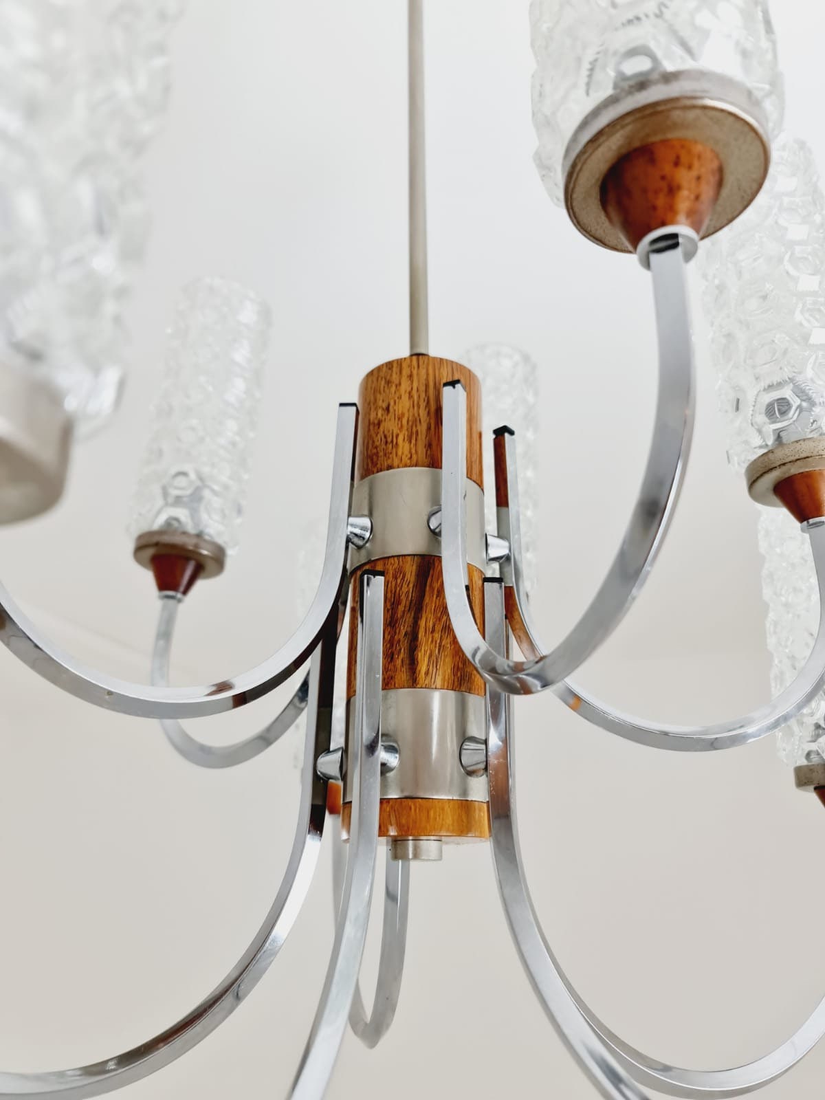 Rare Vintage Scandinavian chrome, teak & crystal pendant lamp, 1960s