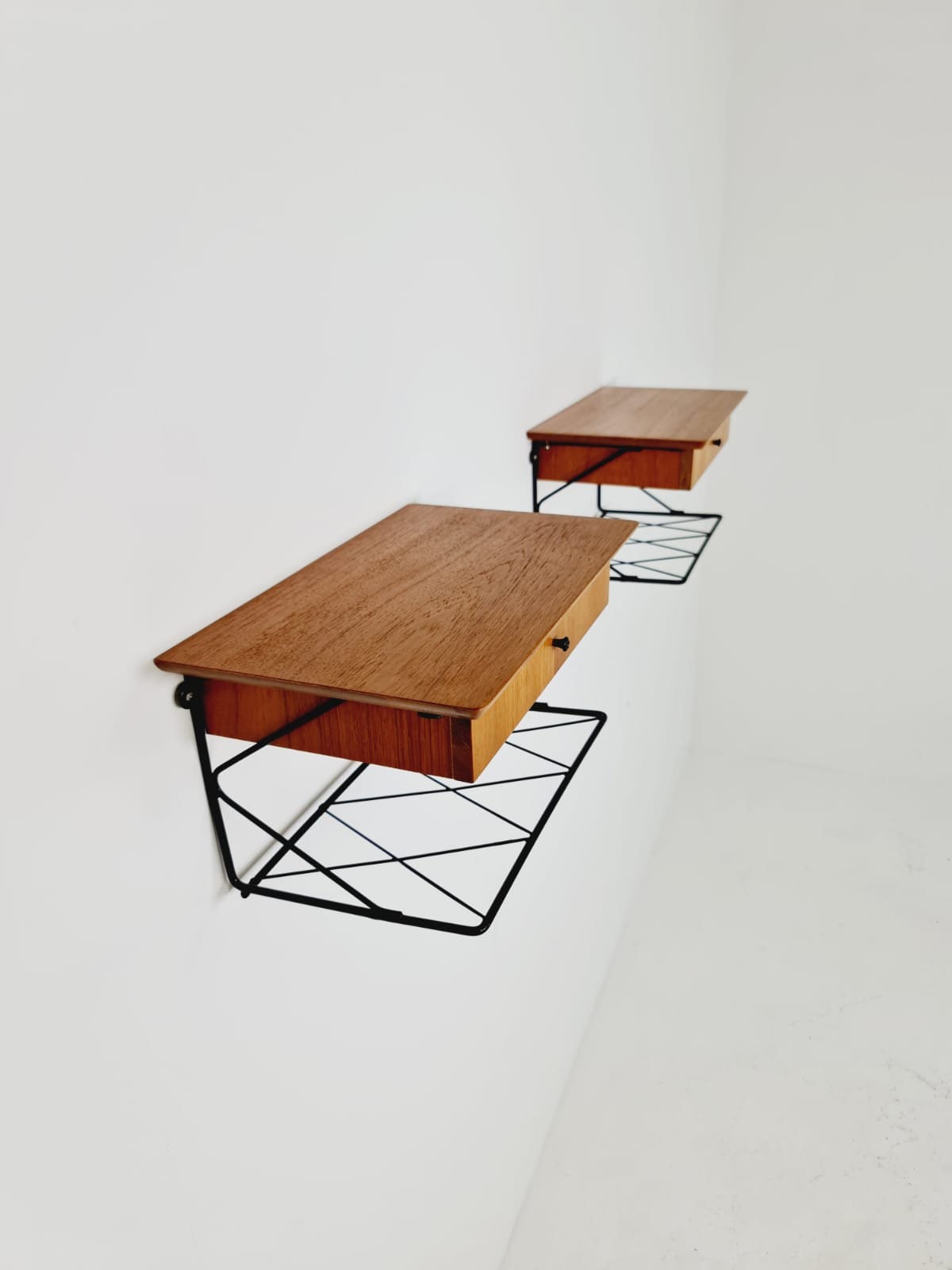 Pair Scandinavian string teak floating/ hanging bedside table/ nightstand, 1960s