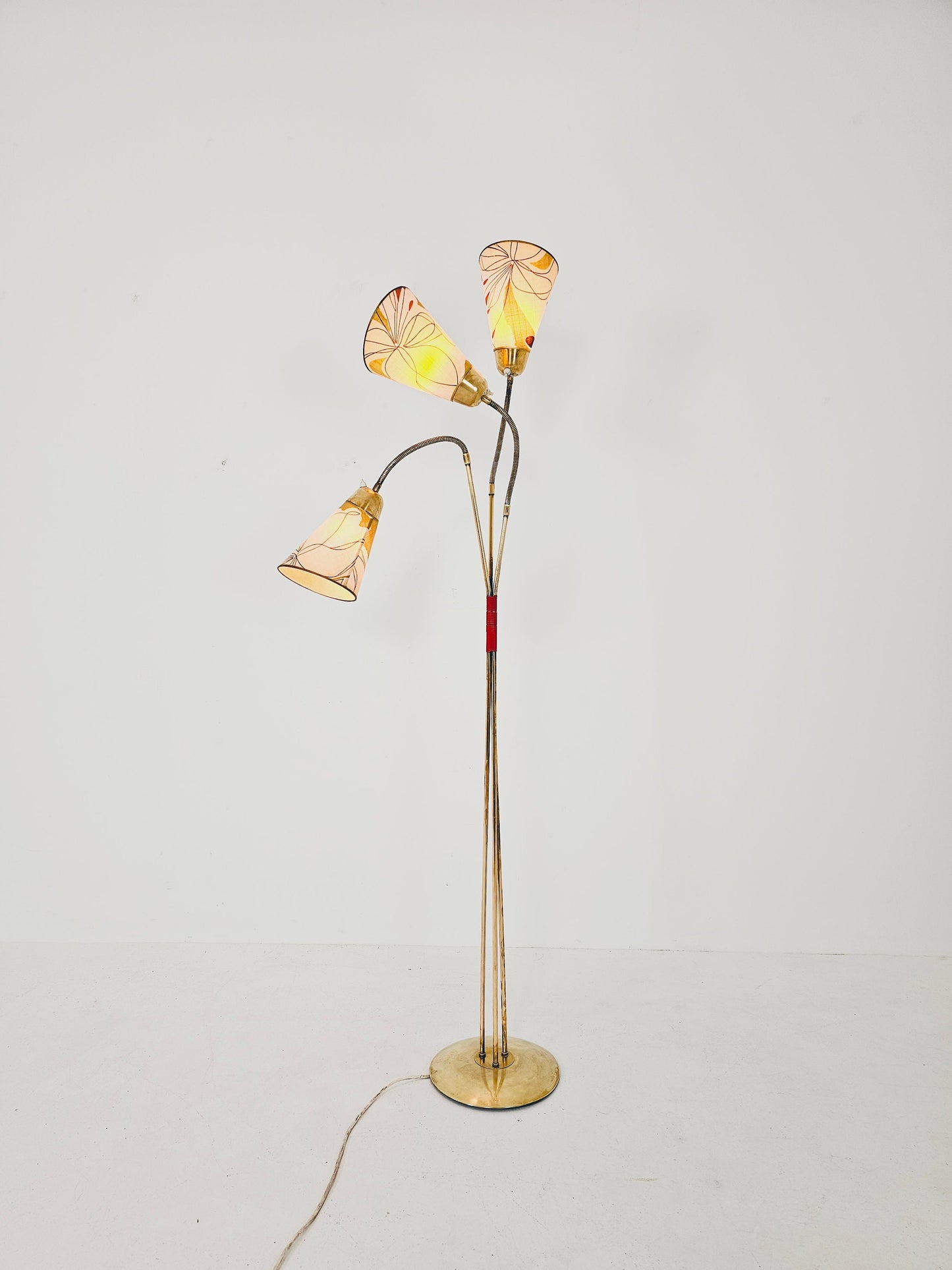 German Modern three flex arms brass floor lamp, tütenlampe, 1950s