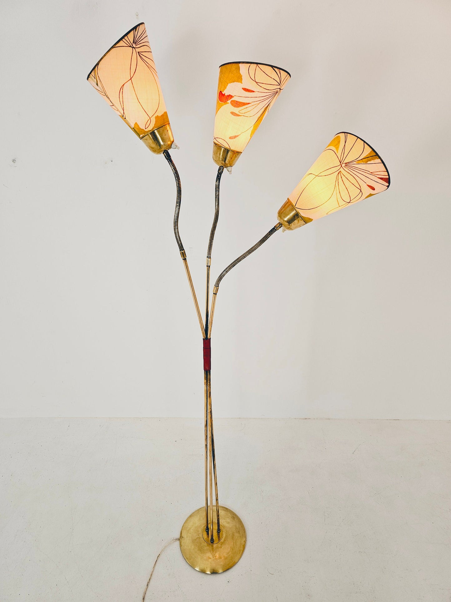 German Modern three flex arms brass floor lamp, tütenlampe, 1950s