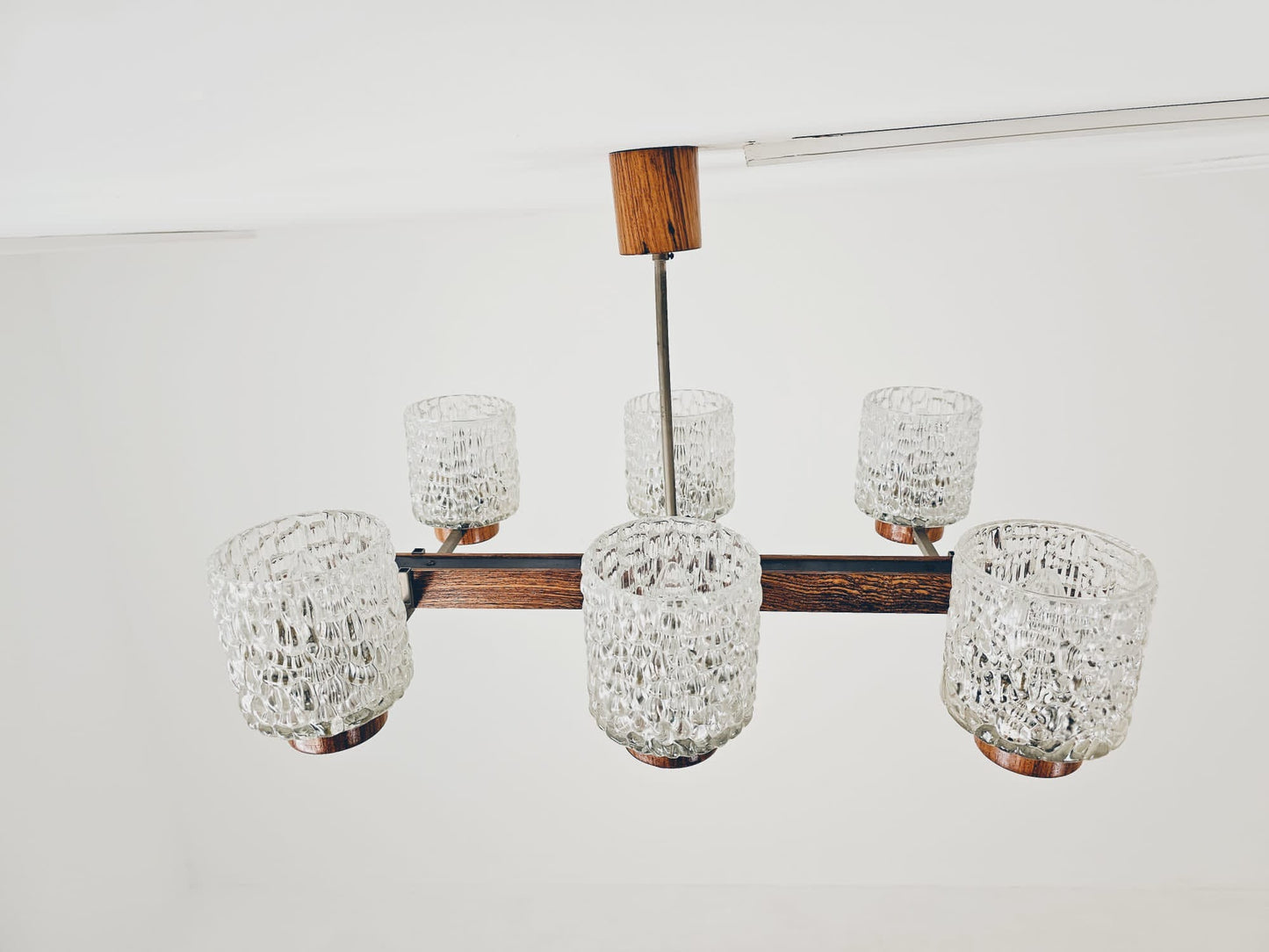 Vintage Scandinavian metal, rosewood & glass pendant lamp, 1960s